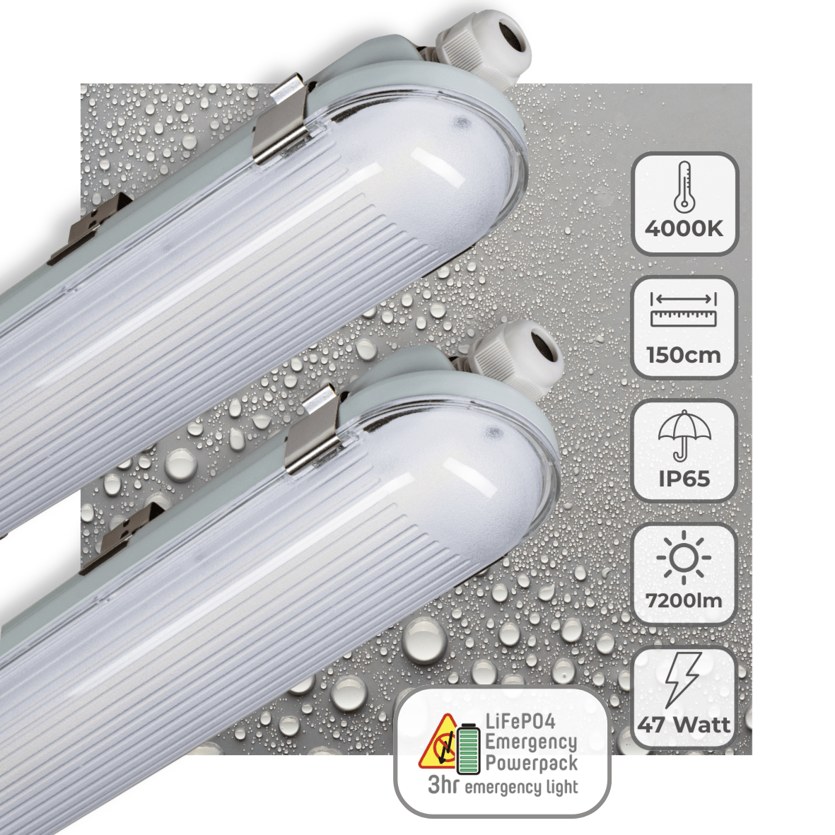 2er-PACK – LED's Light PRO Philips LED TL Leuchte 150 cm – Mit Notakku – 185 lm/W – Energielabel B – 47 W – 7200 lm – 4000 K - lidstore.shop