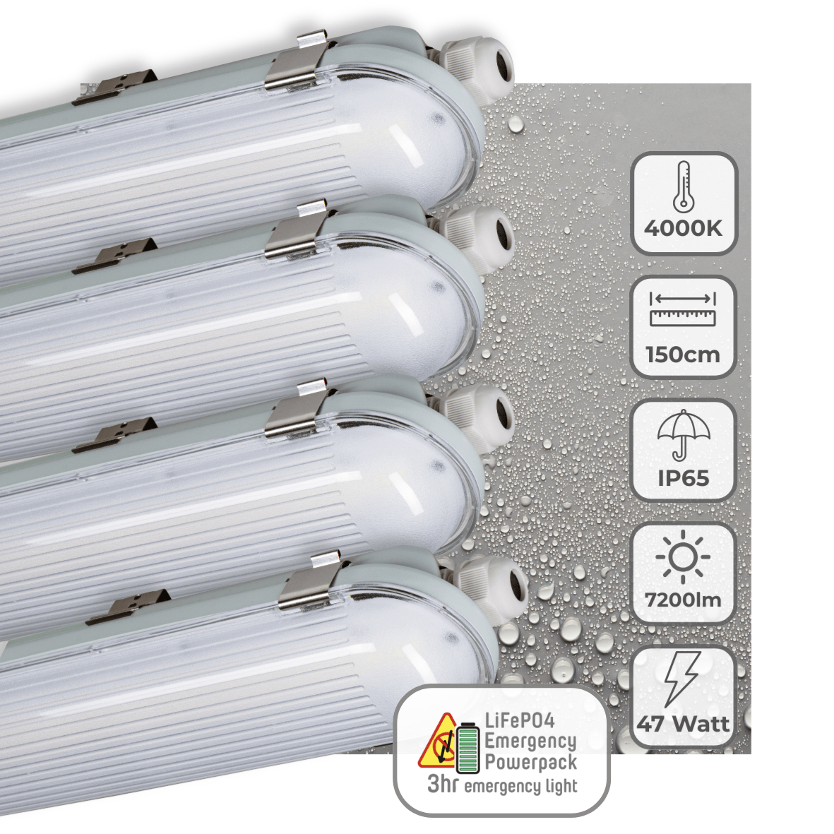 4er-PACK – LED's Light PRO Philips LED TL Leuchte 150 cm – Mit Notakku – 185 lm/W – Energielabel B – 47 W – 7200 lm – 4000 K - lidstore.shop