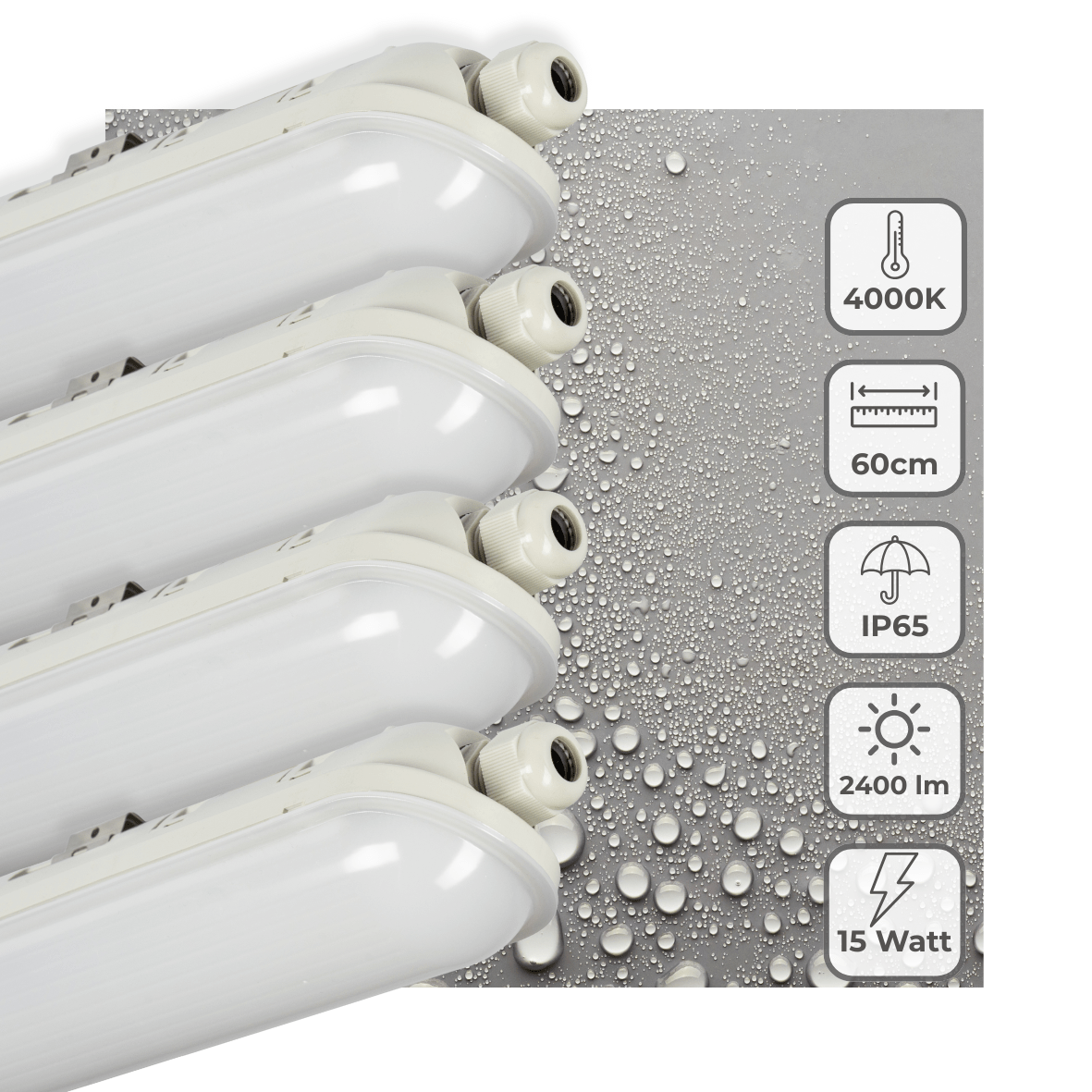 4 PACK -LED's Light Pro TL armatuur compleet 60 cm - Koppelbaar - IP65 Waterdicht - 2400 lm - 15W - 160lm/w LED.nl
