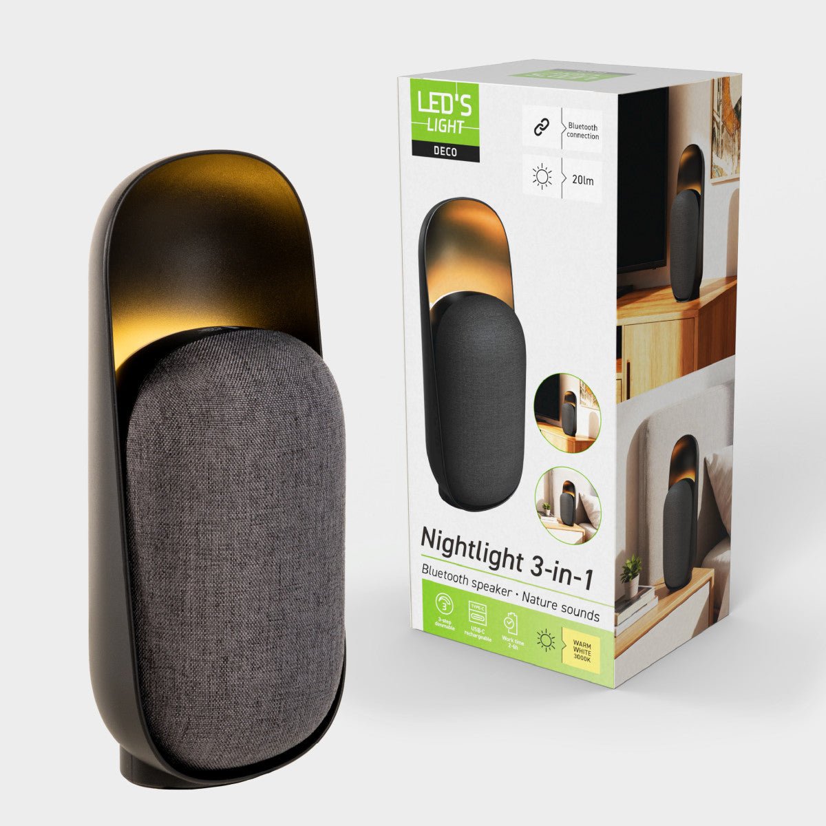 LED-nachtlamp met Bluetooth-luidspreker – Oplaadbaar – 1200 mAh – IP20 – Zwart Nachtlampjes LED.nl