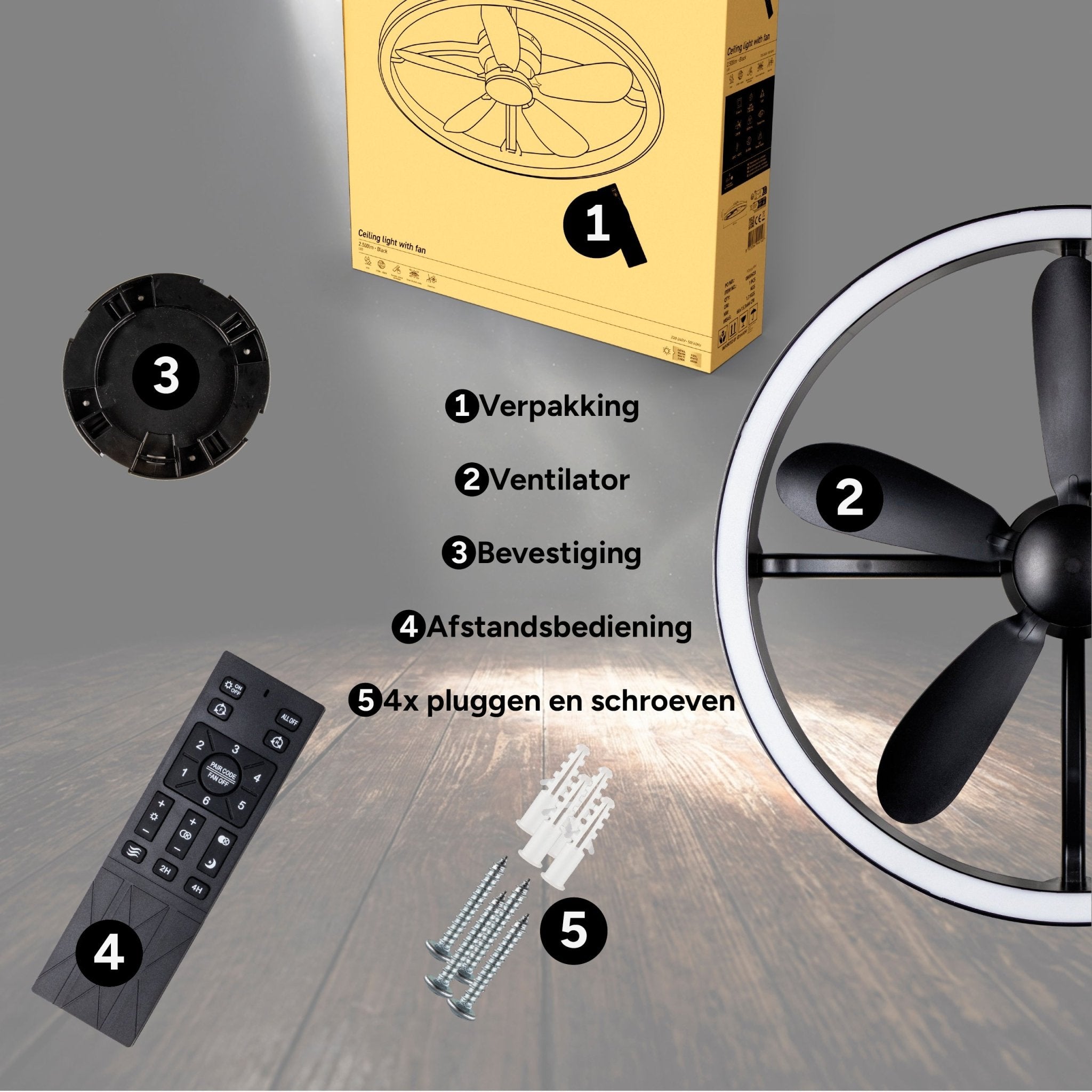 LED's Light Plafond ventilator met lamp Zwart 61,3cm - 27W - 2500lm - Verstelbare kleurtemperatuur - Dimbaar - Incl afstandbediening Plafondventilatoren LED.nl