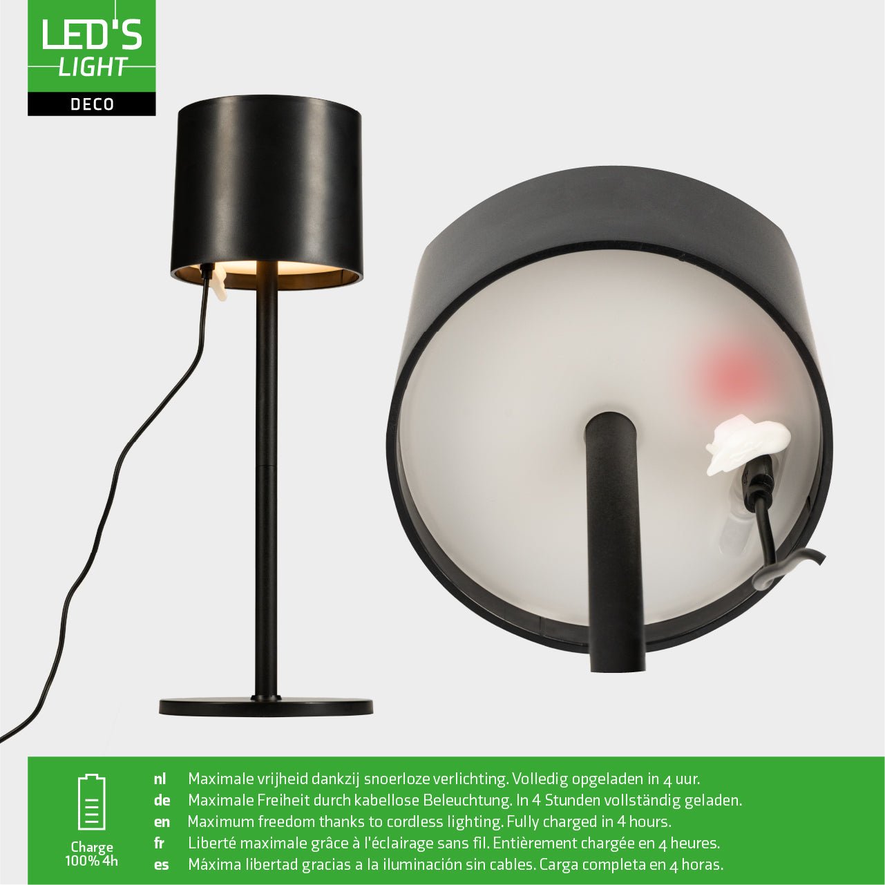 LED's Light Tafellamp op accu - oplaadbaar en draadloos - voor binnen en buiten - 3 kleuren - Zwart Tafellampenen LED.nl