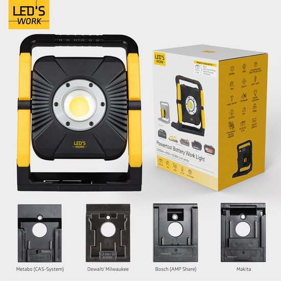 LED's Work 18V Acculamp Werklamp - Incl Adapters - LED Werklamp 5000lm – Klasse 3 • IP54 • IK08 • Dimbaar • Compatibel met Makita, Bosch, DeWalt & Metabo Bouwlampen LED.nl