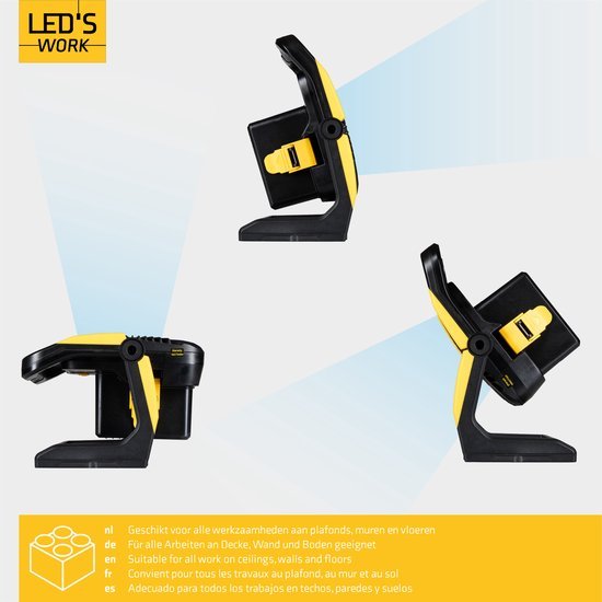 LED's Work 18V Acculamp Werklamp - Incl Adapters - LED Werklamp 5000lm – Klasse 3 • IP54 • IK08 • Dimbaar • Compatibel met Makita, Bosch, DeWalt & Metabo Bouwlampen LED.nl