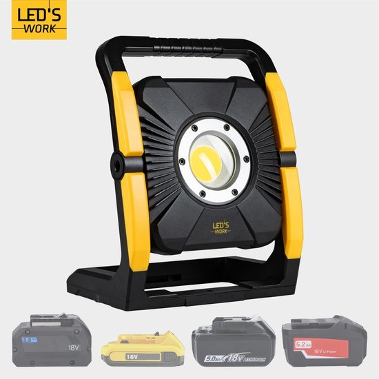 LED's Work 18V Acculamp Werklamp - Incl Adapters - LED Werklamp 5000lm – Klasse 3 • IP54 • IK08 • Dimbaar • Compatibel met Makita, Bosch, DeWalt & Metabo Bouwlampen LED.nl