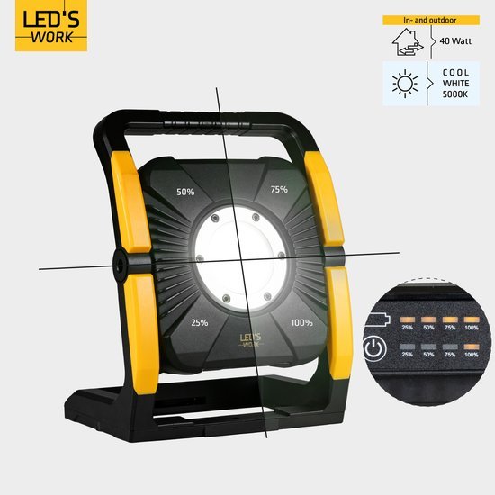 LED's Work 18V Acculamp Werklamp - Incl Adapters - LED Werklamp 5000lm – Klasse 3 • IP54 • IK08 • Dimbaar • Compatibel met Makita, Bosch, DeWalt & Metabo Bouwlampen LED.nl