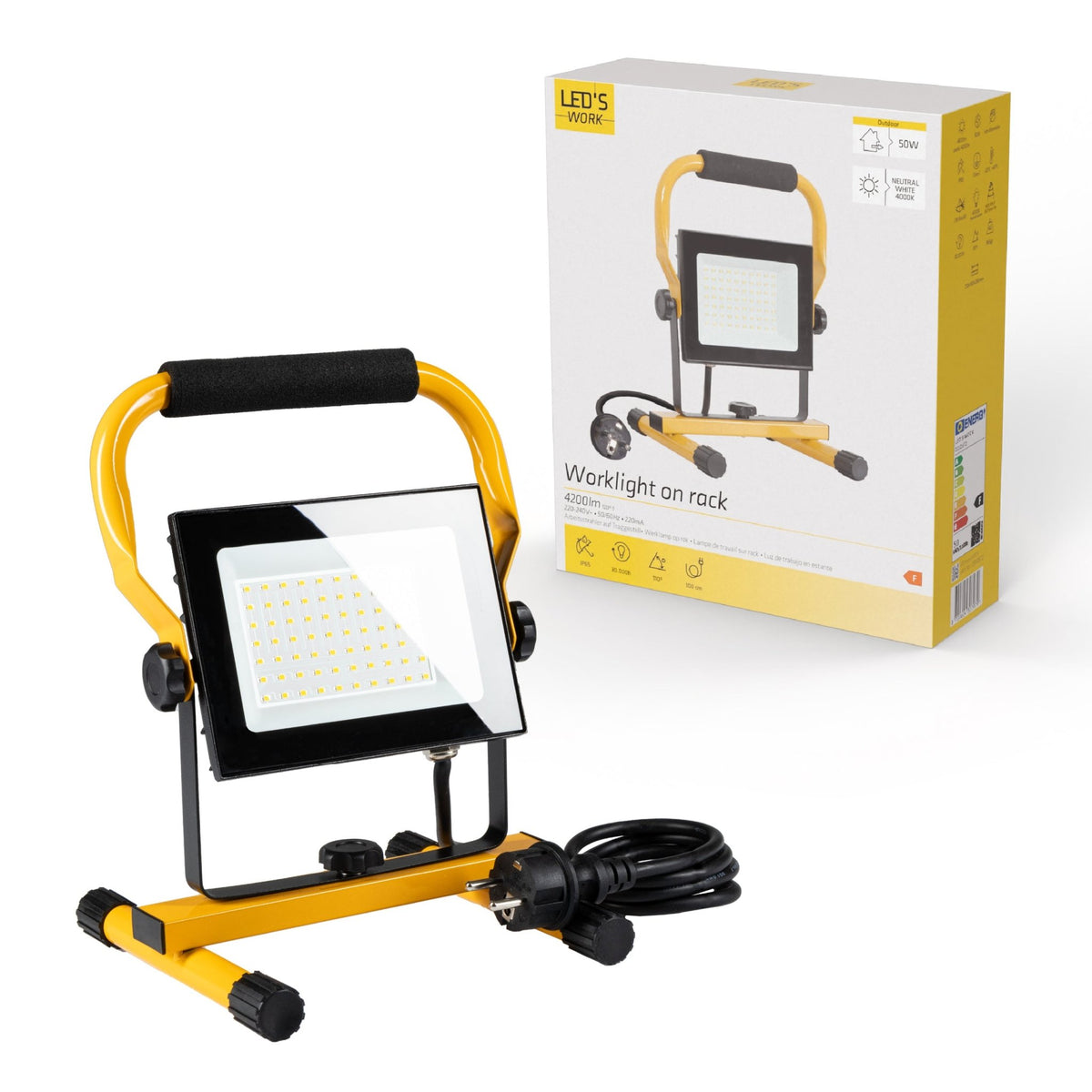LED-Arbeitsleuchte, 50 W, kabelgebunden, 4900 lm – Verstellbare Halterung – Wasserdicht (IP65) – Schwarz/Gelb - lidstore.shop
