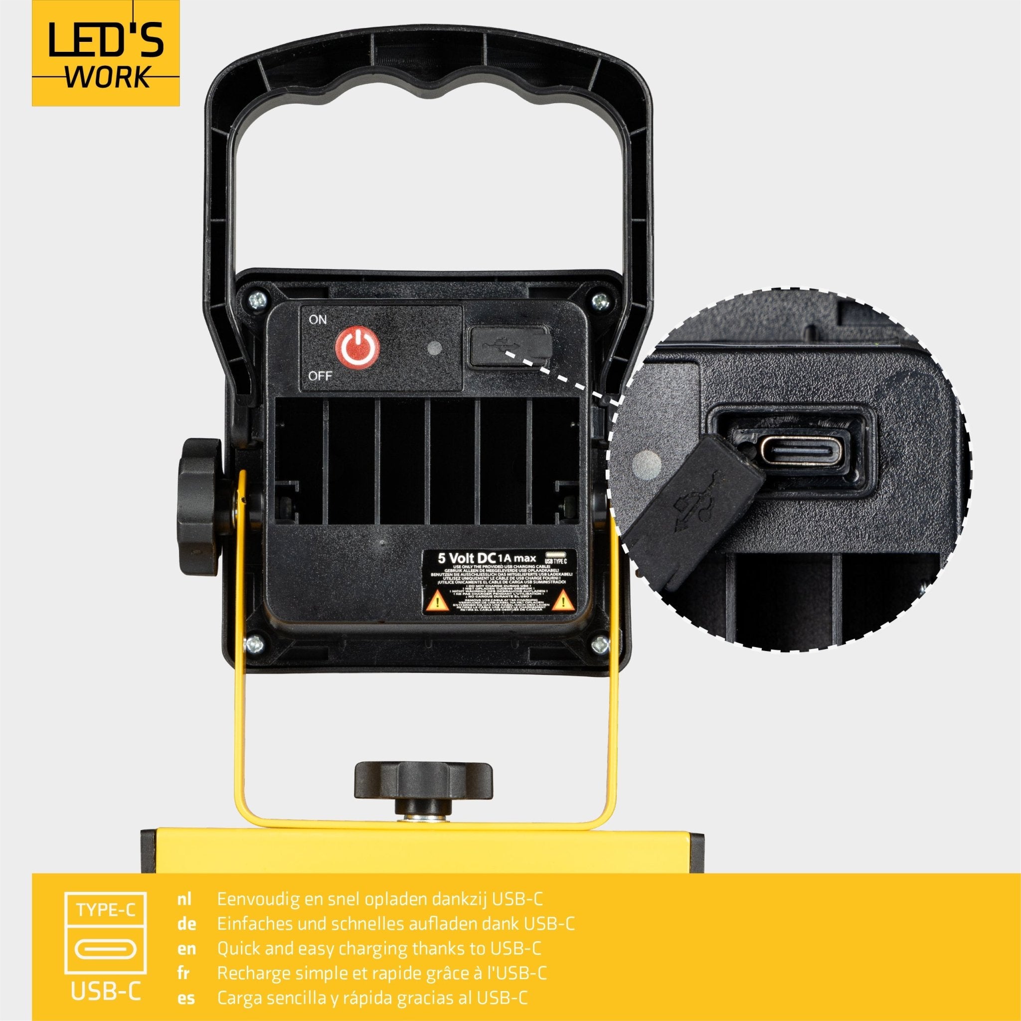 LED's Work draadloze LED Werklamp op accu 700lm - Oplaadbaar en kantelbaar - Zwart geel Werklampen LED.nl
