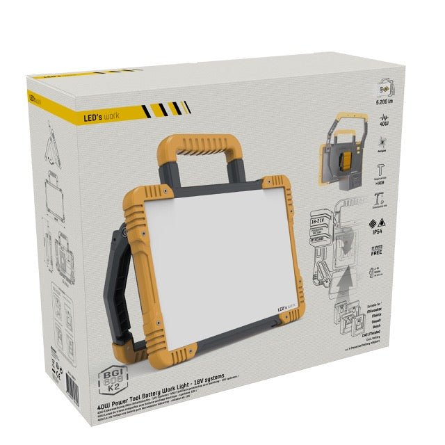 LED's Work Draadloze LED Bouwlamp 5200 - Werkt op accu's van Makita, Bosch, Dewalt, Milwaukee, Metabo – IP54 Bouwlampen LED.nl