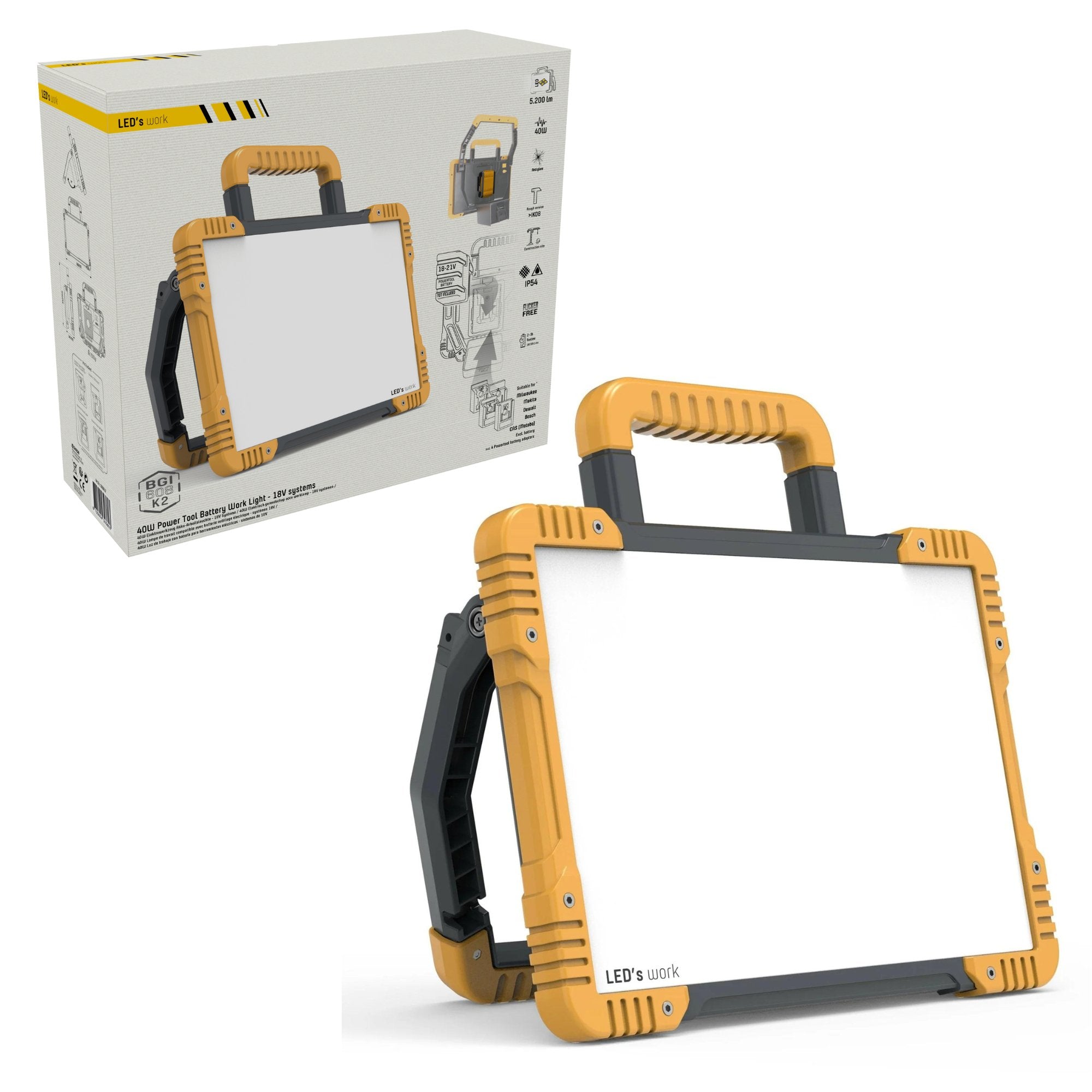 LED's Work Draadloze LED Bouwlamp 5200 - Werkt op accu's van Makita, Bosch, Dewalt, Milwaukee, Metabo – IP54 Bouwlampen LED.nl