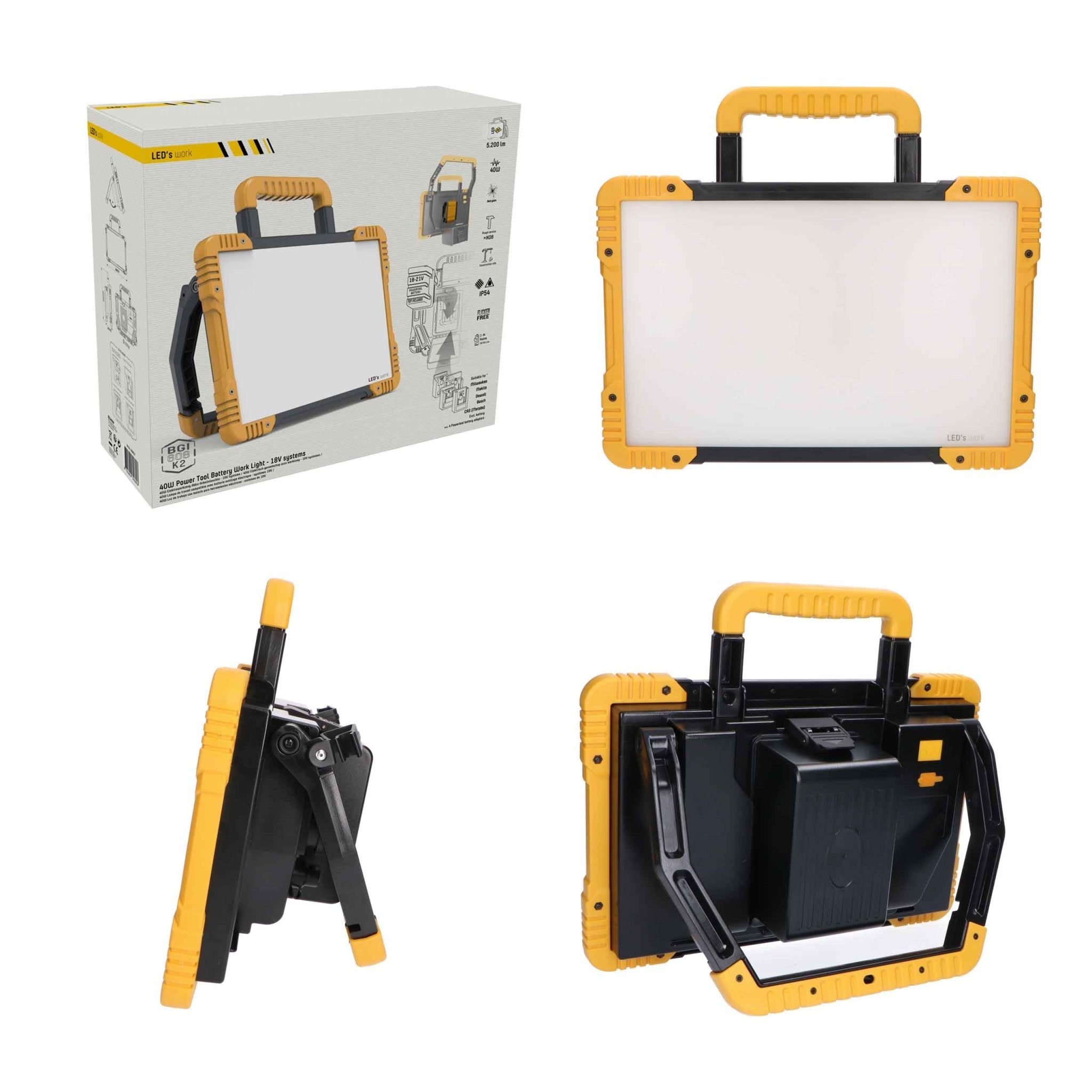 LED's Work Draadloze LED Bouwlamp 5200 - Werkt op accu's van Makita, Bosch, Dewalt, Milwaukee, Metabo – IP54 Bouwlampen LED.nl