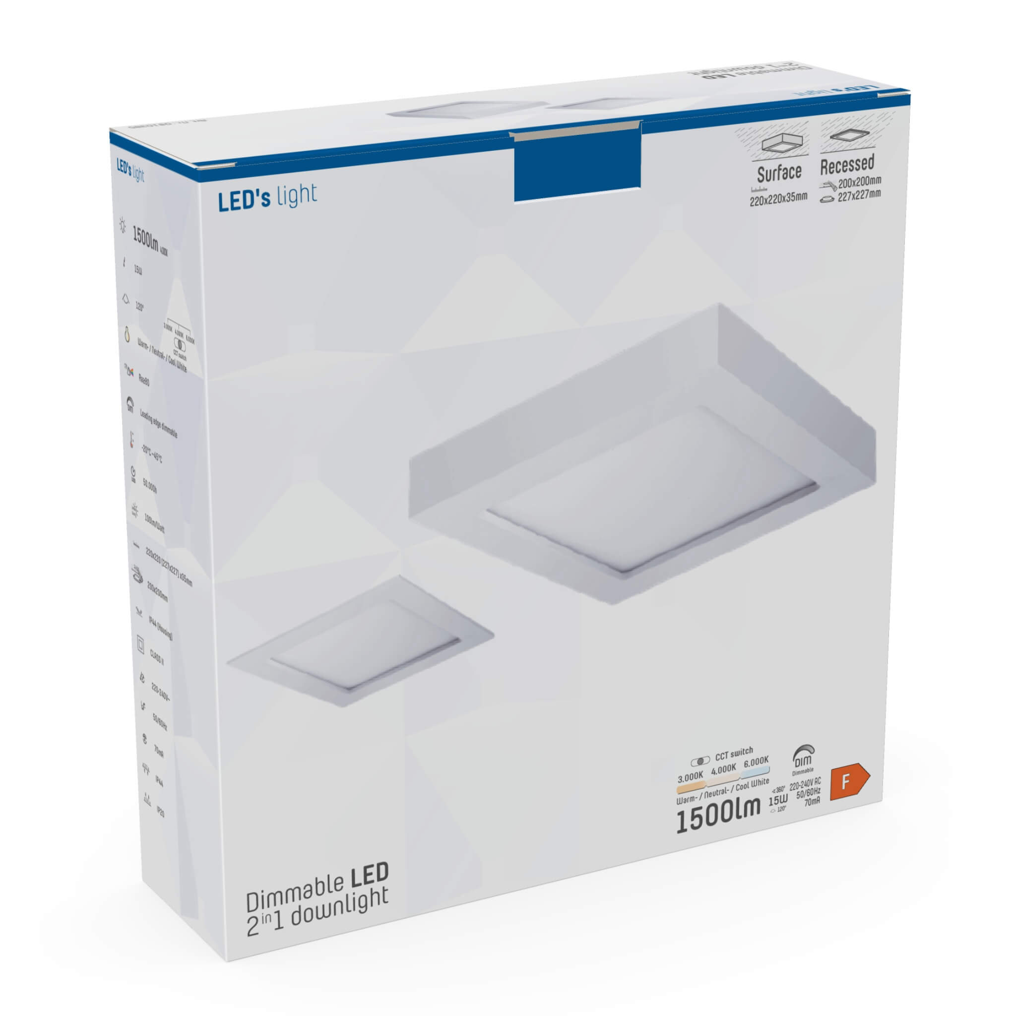 LED's Light LED Inbouwspot opbouwspot vierkant 15 cm - CCT - Dimbaar - Inbouw en opbouw - 1200 lm - Zaagmaat 147×147mm – Wit Plafondlampen LED.nl