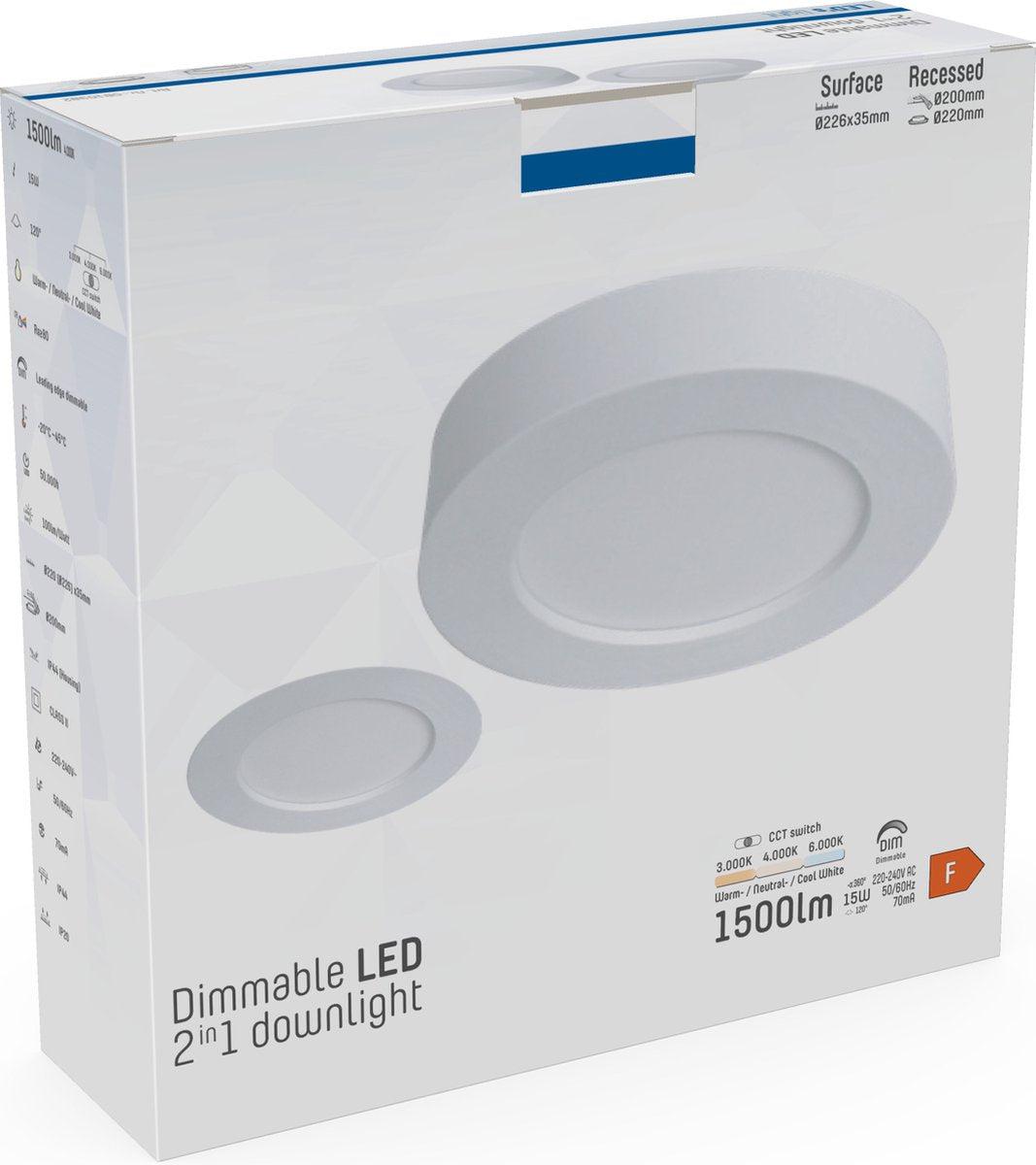 LED's Light Inbouw/Opbouw LED Plafondlamp 15W 1500lm CCT 3000K/4000K/6000K – Zaagmaat Ø 200mm – Wit – Dimbaar Plafondlampen LED.nl