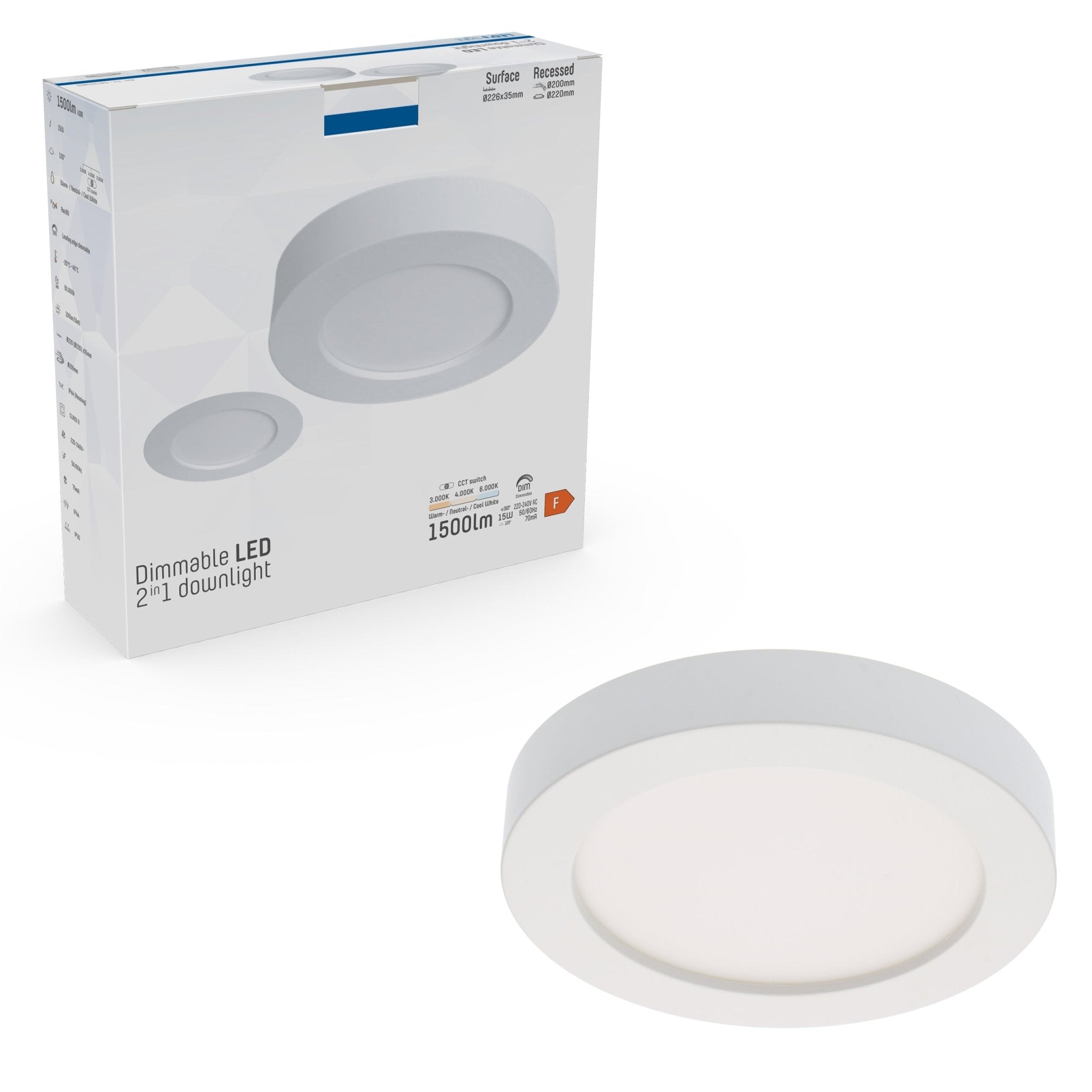 LED's Light Inbouw/Opbouw LED Plafondlamp 15W 1500lm CCT 3000K/4000K/6000K – Zaagmaat Ø 200mm – Wit – Dimbaar Plafondlampen LED.nl