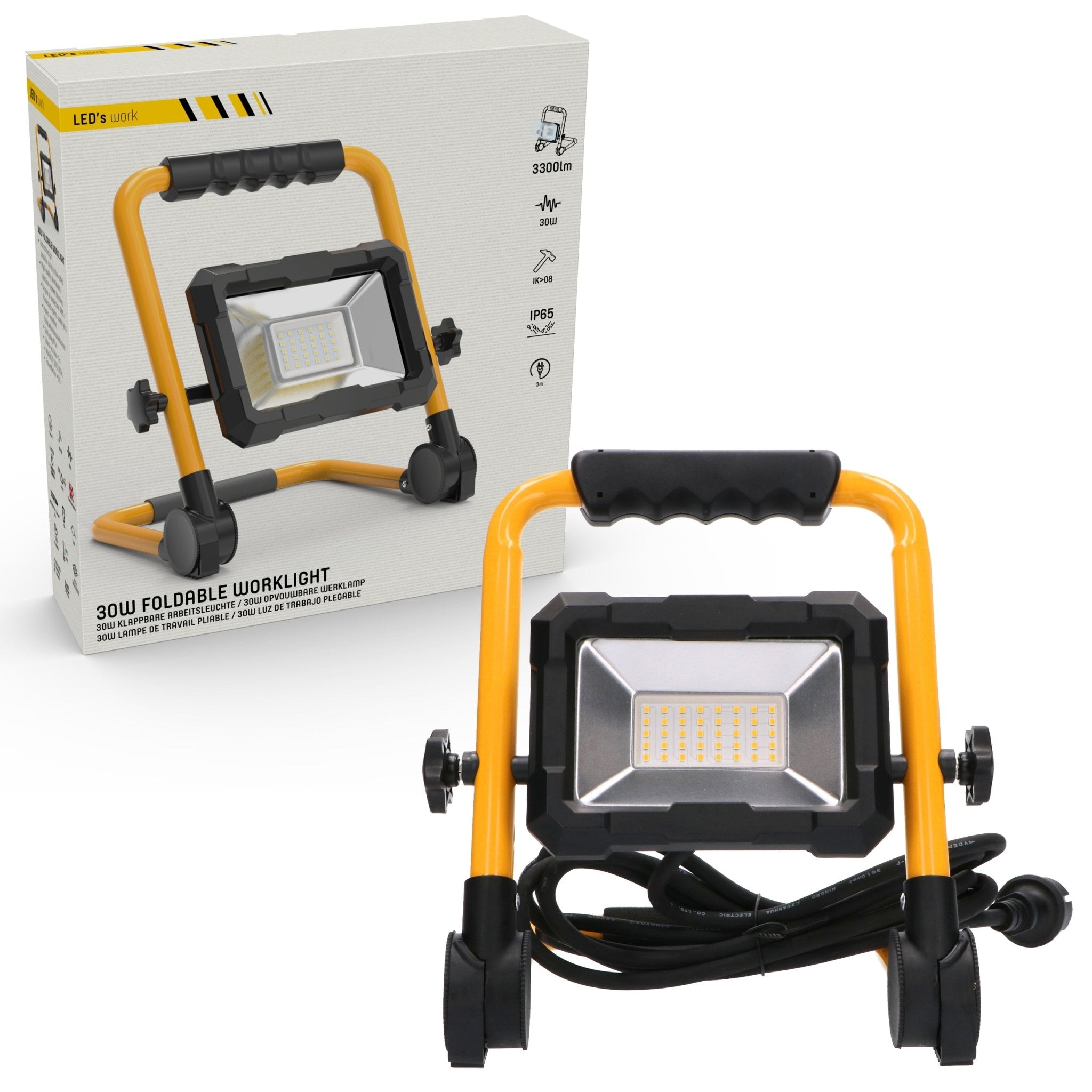 LED's Work Bouwlamp 3300 - Inklapbaar & Kantelbaar - 3 meter snoer - IP65 - 30W Bouwlampen LED.nl