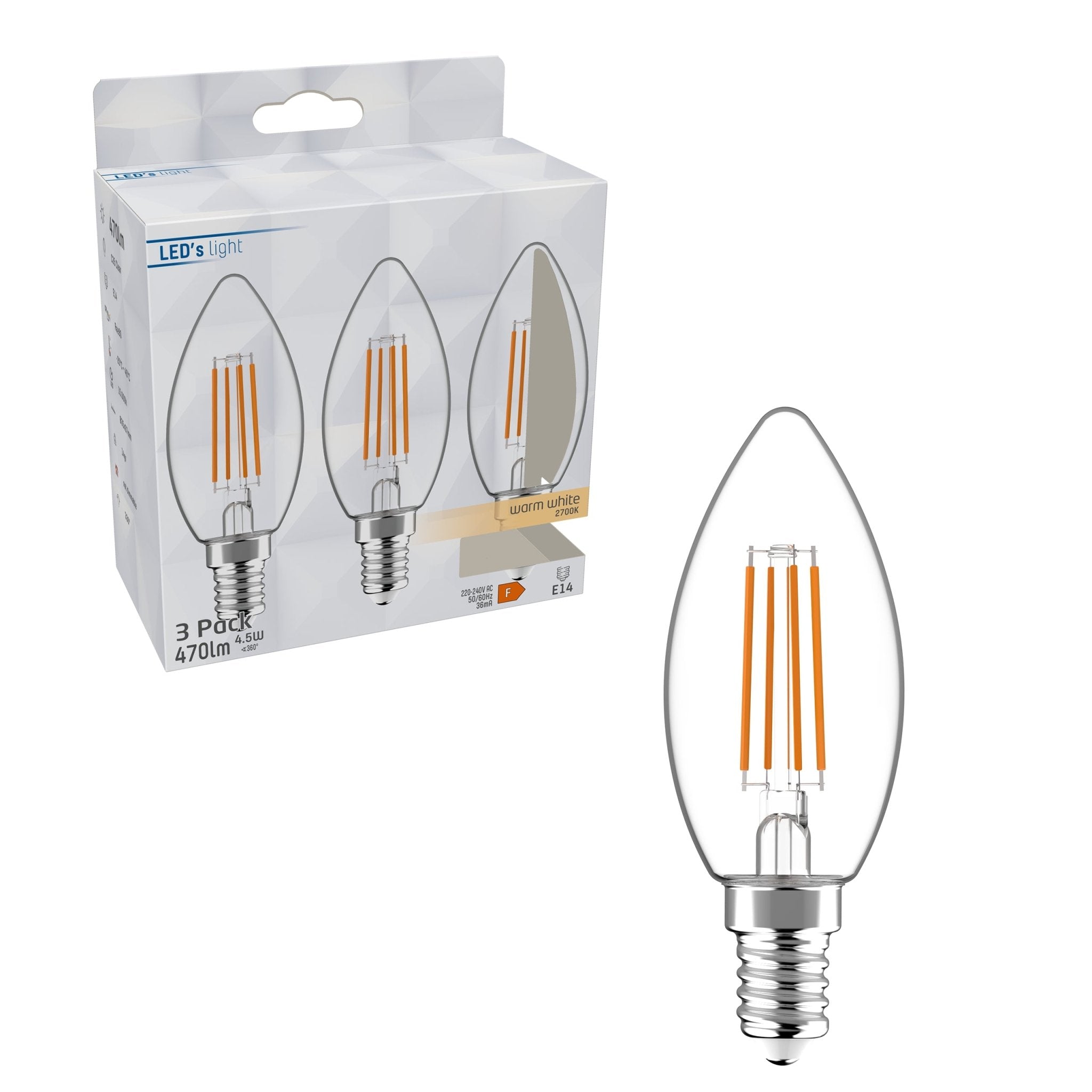 LED Lampen Kaars E14 - helder glas - Warm wit licht - 470 lm - 3PACK LED Filament Lampen LED.nl