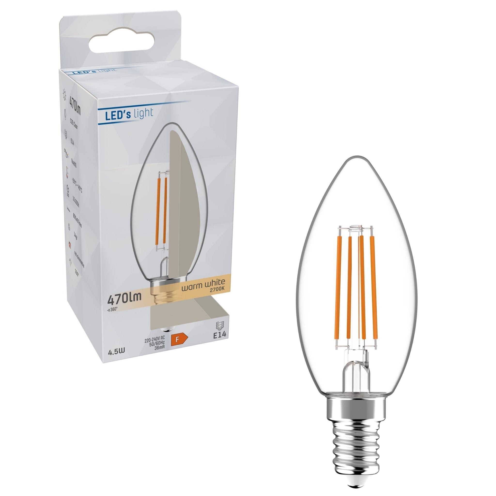 LED Lamp Kaars E14 - helder glas - Warm wit licht - 470 lm LED Filament Lampen LED.nl