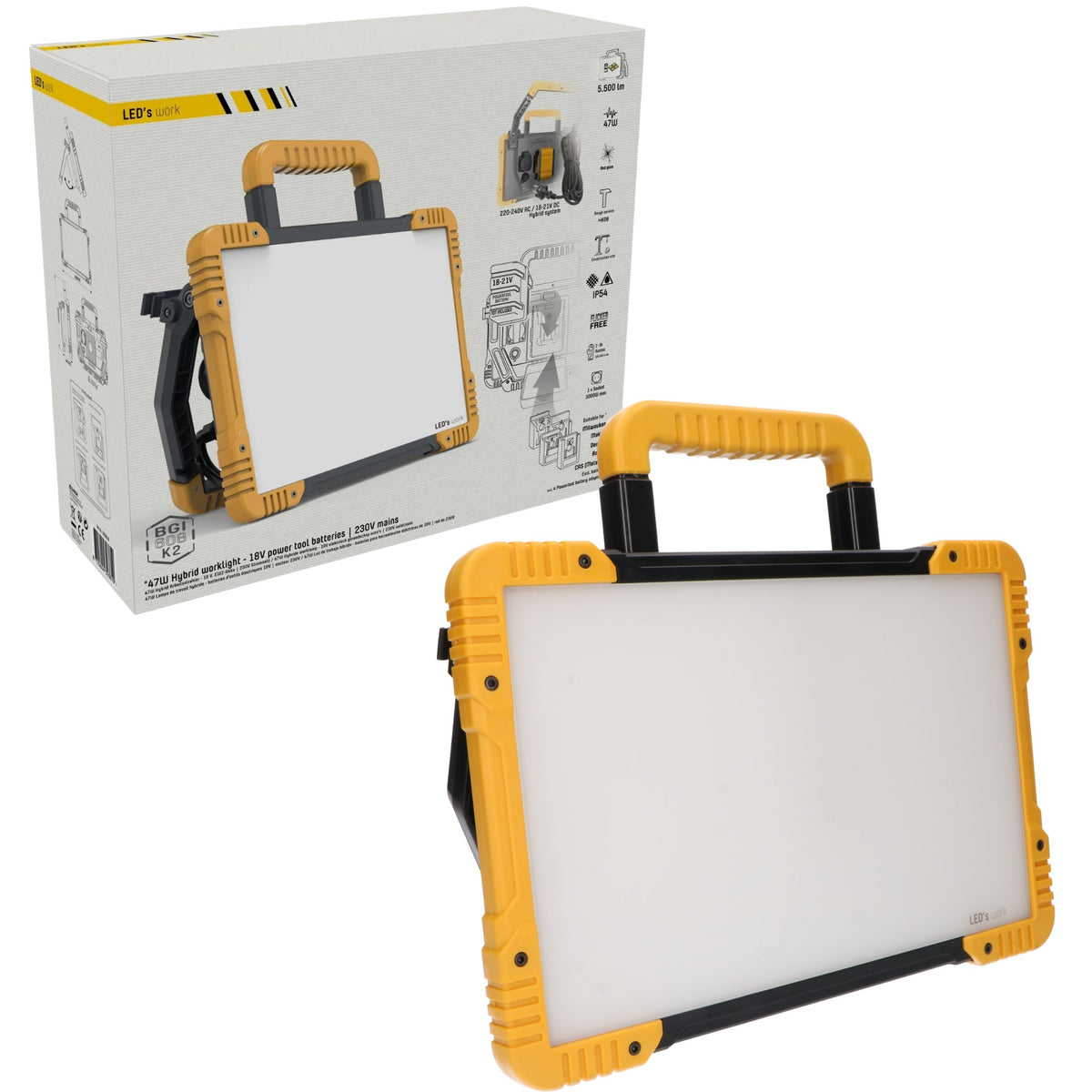 LED-Bauleuchte, 18 V Hybrid-LED, 5500 lm – inkl. Adapter – Kabelgebunden und kabellos – Schutzart IP54 – Robustheitsgeprüft – 47 W - lidstore.shop