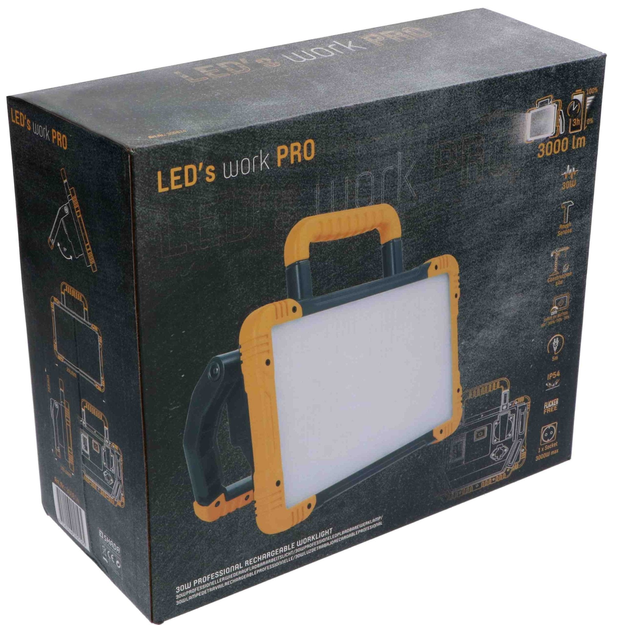 Oplaadbare Premium LED bouwlamp 30W – Zowel op netstroom als accu te gebruiken – Dimbaar in 3 standen – 3000 lumen – IP54 Bouwlampen LED.nl
