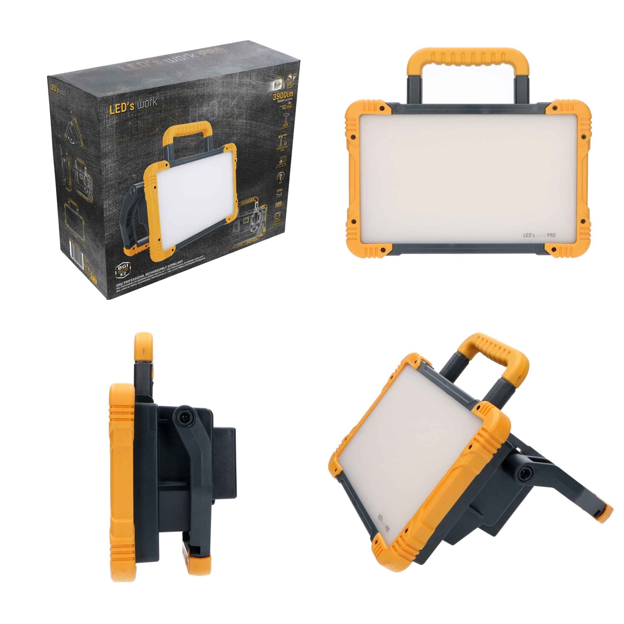 Oplaadbare Premium LED bouwlamp 30W – Zowel op netstroom als accu te gebruiken – Dimbaar in 3 standen – 3000 lumen – IP54 Bouwlampen LED.nl