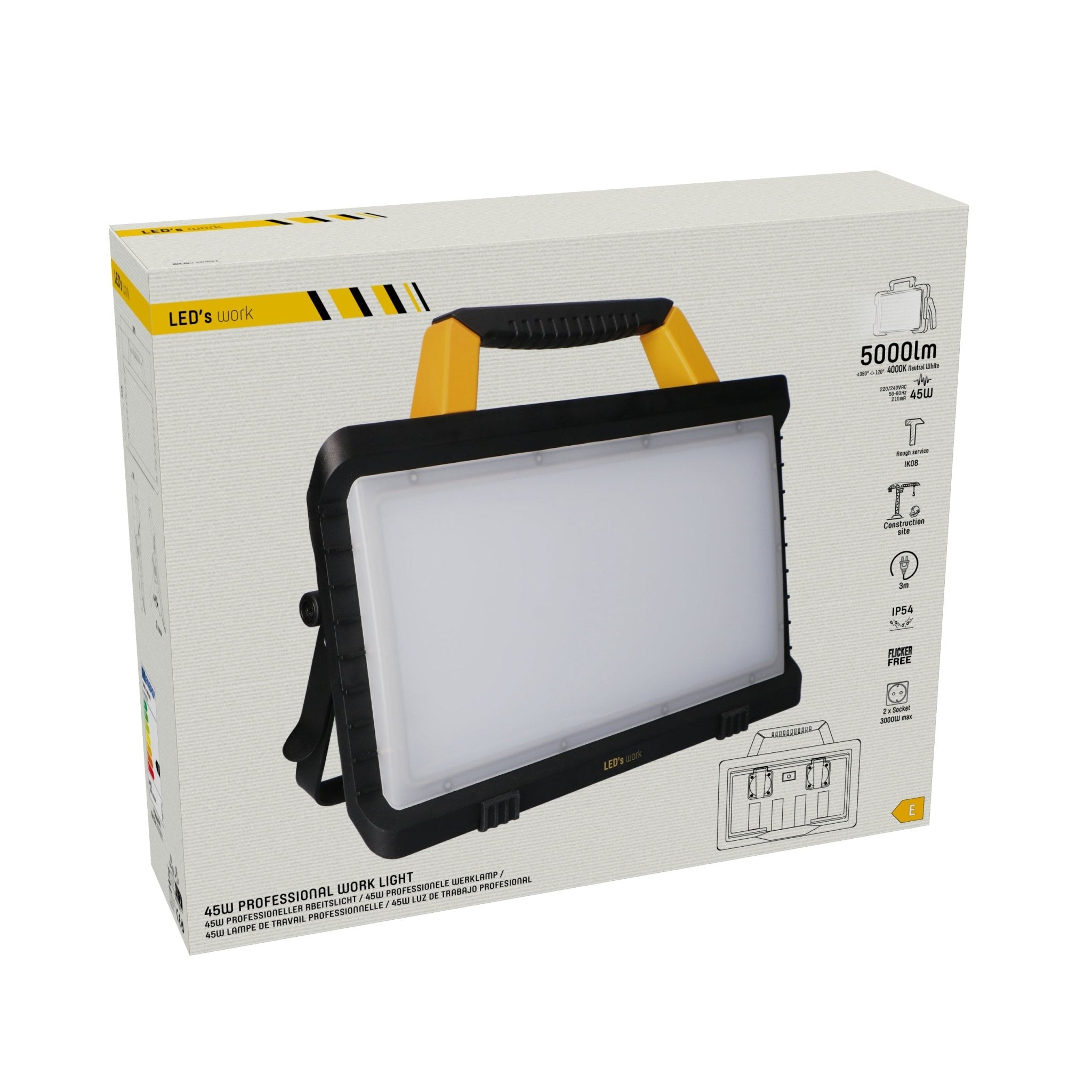 LED's Work Bouwlamp 5000 - 2 extra stopcontacten - 3 meter snoer - IP54 water- en stofbestendig Bouwlampen Led.nl