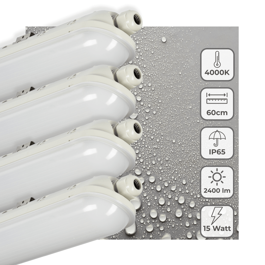 4er-Pack – LED-Leuchte Pro TL, komplett, 60 cm – verbindbar – IP65 wasserdicht – 2400 lm – 15 W – 160 lm/W - lidstore.shop