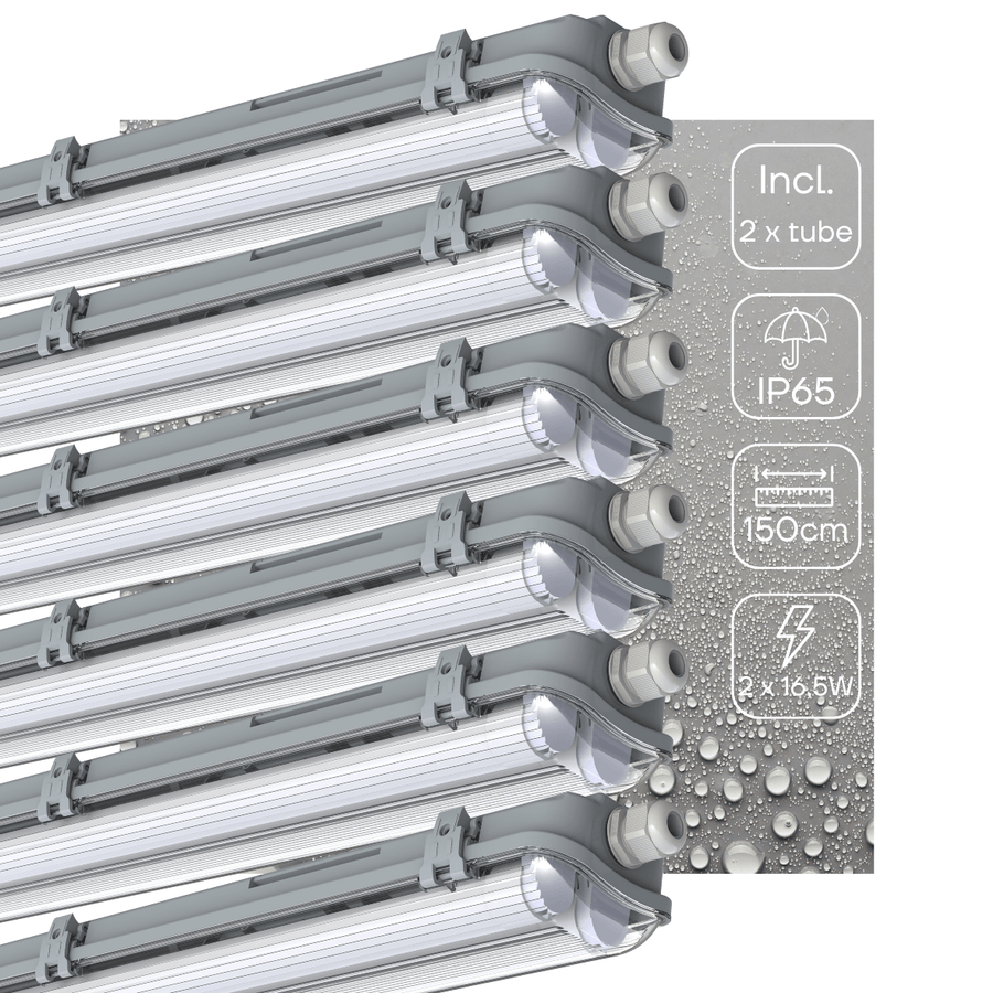 6er-Pack – Doppelte LED-Leuchtstofflampe 150 cm – inklusive LED-Röhren – für Innen und Außen – 6120 lm – 2 x 16,5 W – 4000 K – 185 lm/W – Energieeffizienzklasse B - lidstore.shop