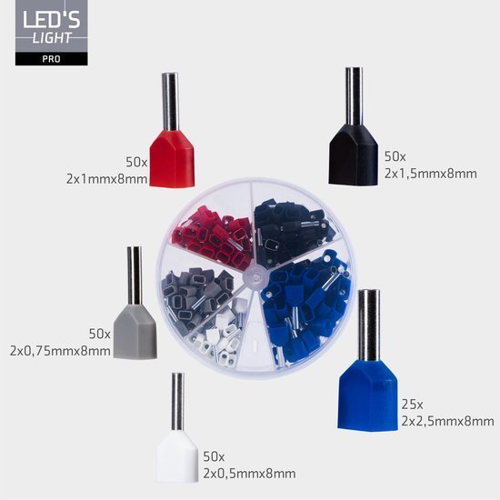 Aderendhülsen-Sortiment – 5 Größen von 0,5 mm² bis 2,5 mm² – Zwillings-Aderendhülsen – 225 Stück - lidstore.shop
