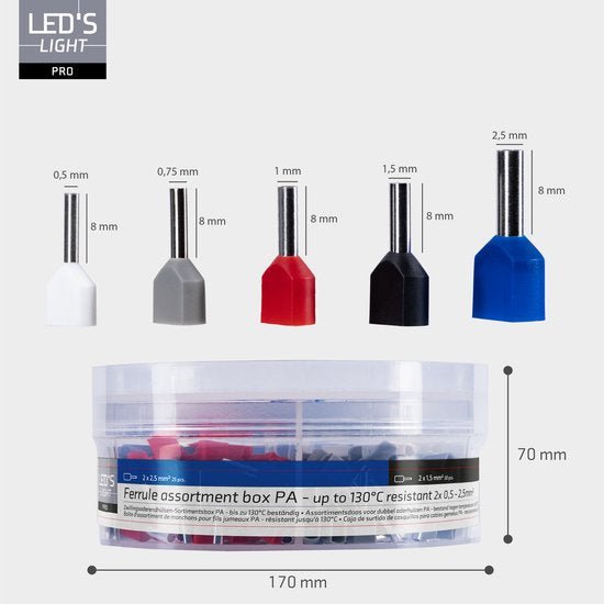 Aderendhülsen-Sortiment – 5 Größen von 0,5 mm² bis 2,5 mm² – Zwillings-Aderendhülsen – 225 Stück - lidstore.shop