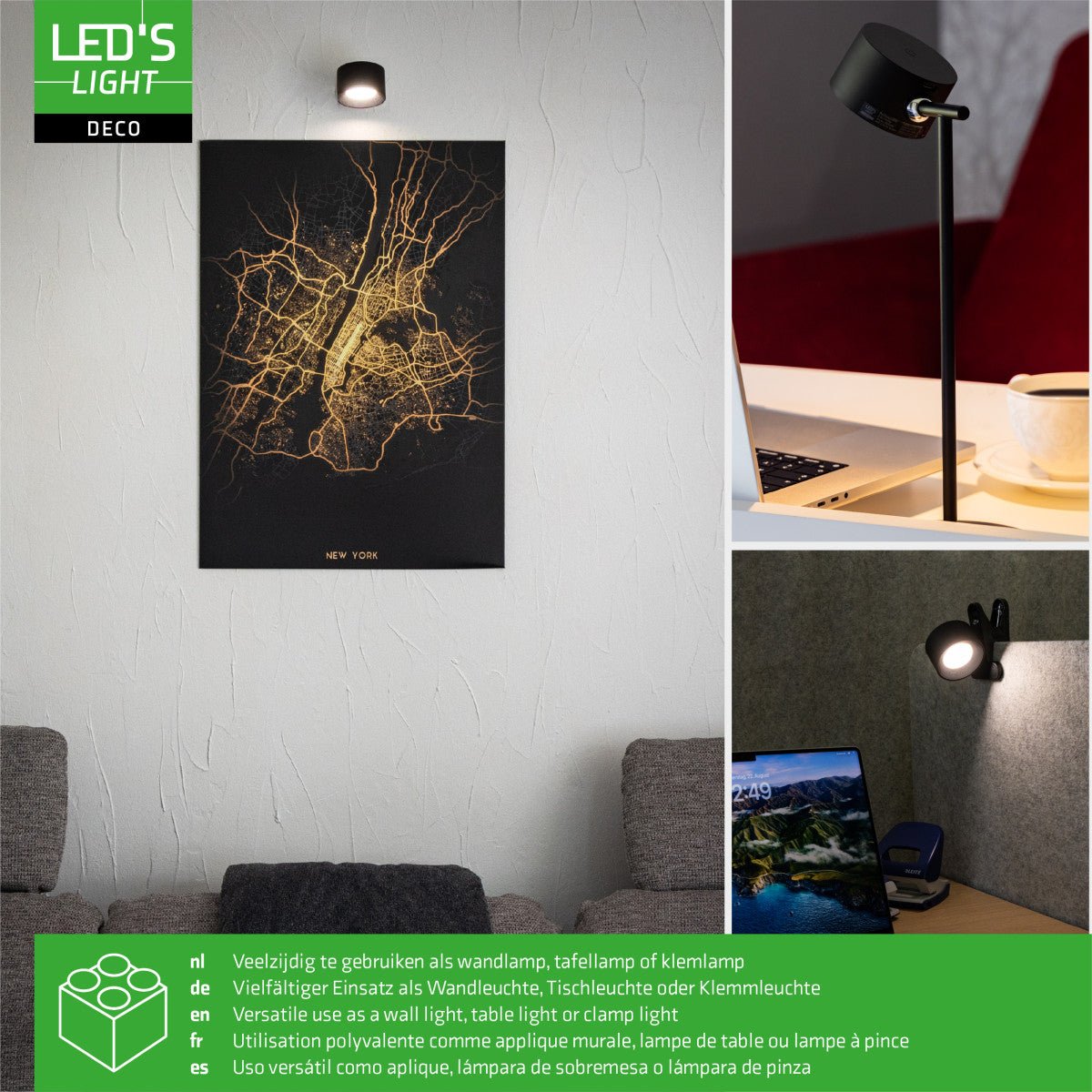 LED's Light 3-in-1 Draadloos Oplaadbaar Spotje - Tafellamp, Klemlamp & Wandlamp - Zwart Tafellampen Led.nl