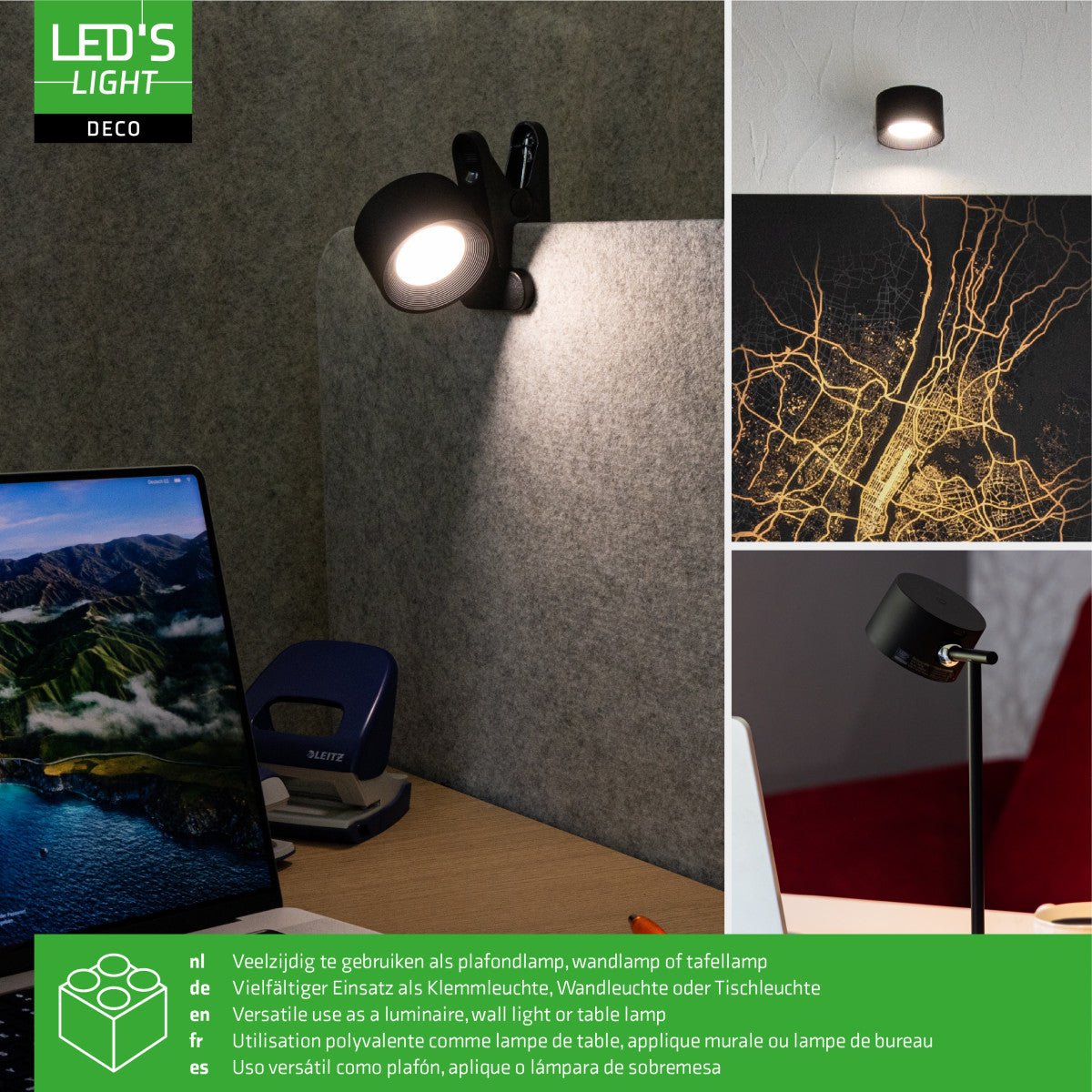 LED's Light 3-in-1 Draadloos Oplaadbaar Spotje - Tafellamp, Klemlamp & Wandlamp - Zwart Tafellampen Led.nl
