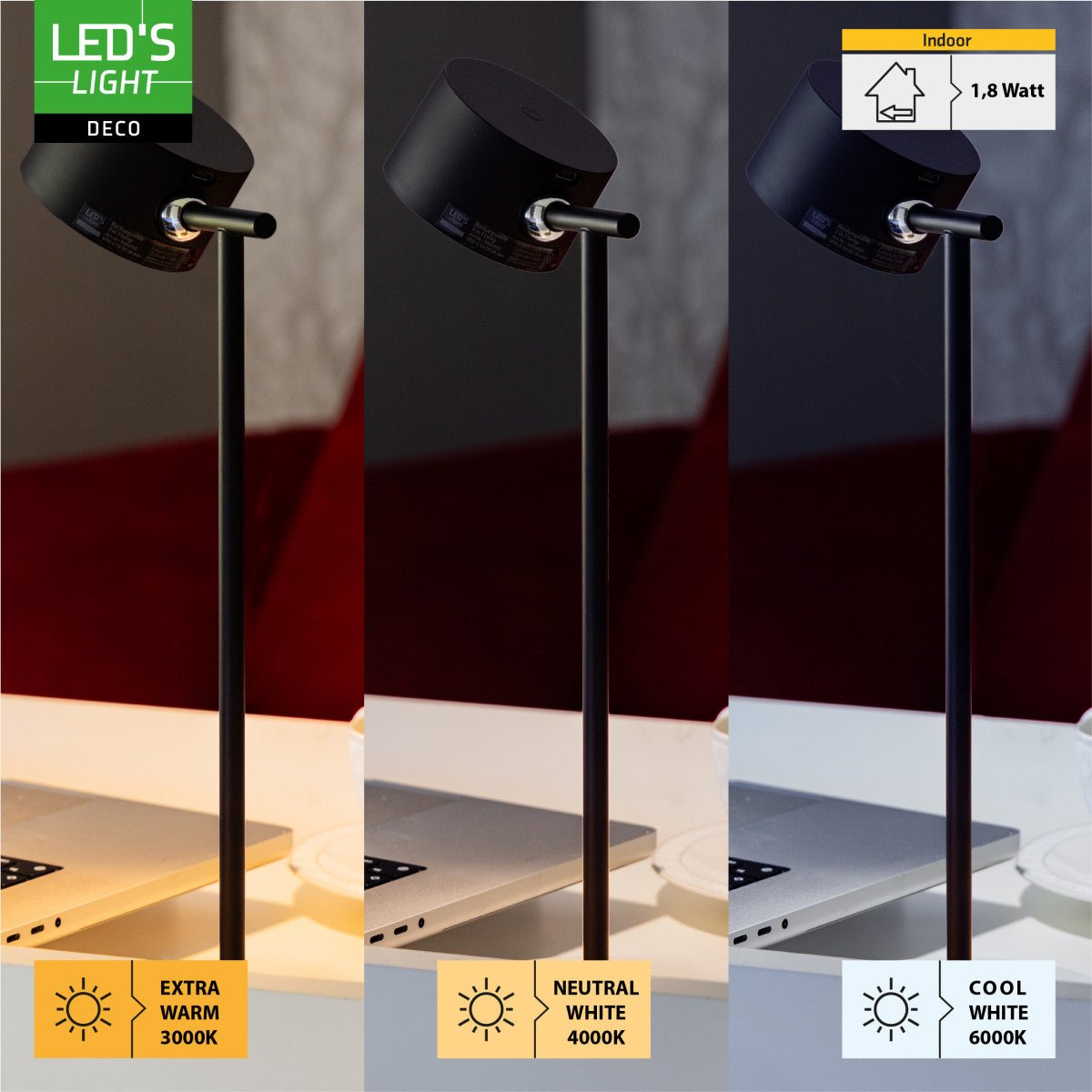 LED's Light 3-in-1 Draadloos Oplaadbaar Spotje - Tafellamp, Klemlamp & Wandlamp - Zwart Tafellampen Led.nl