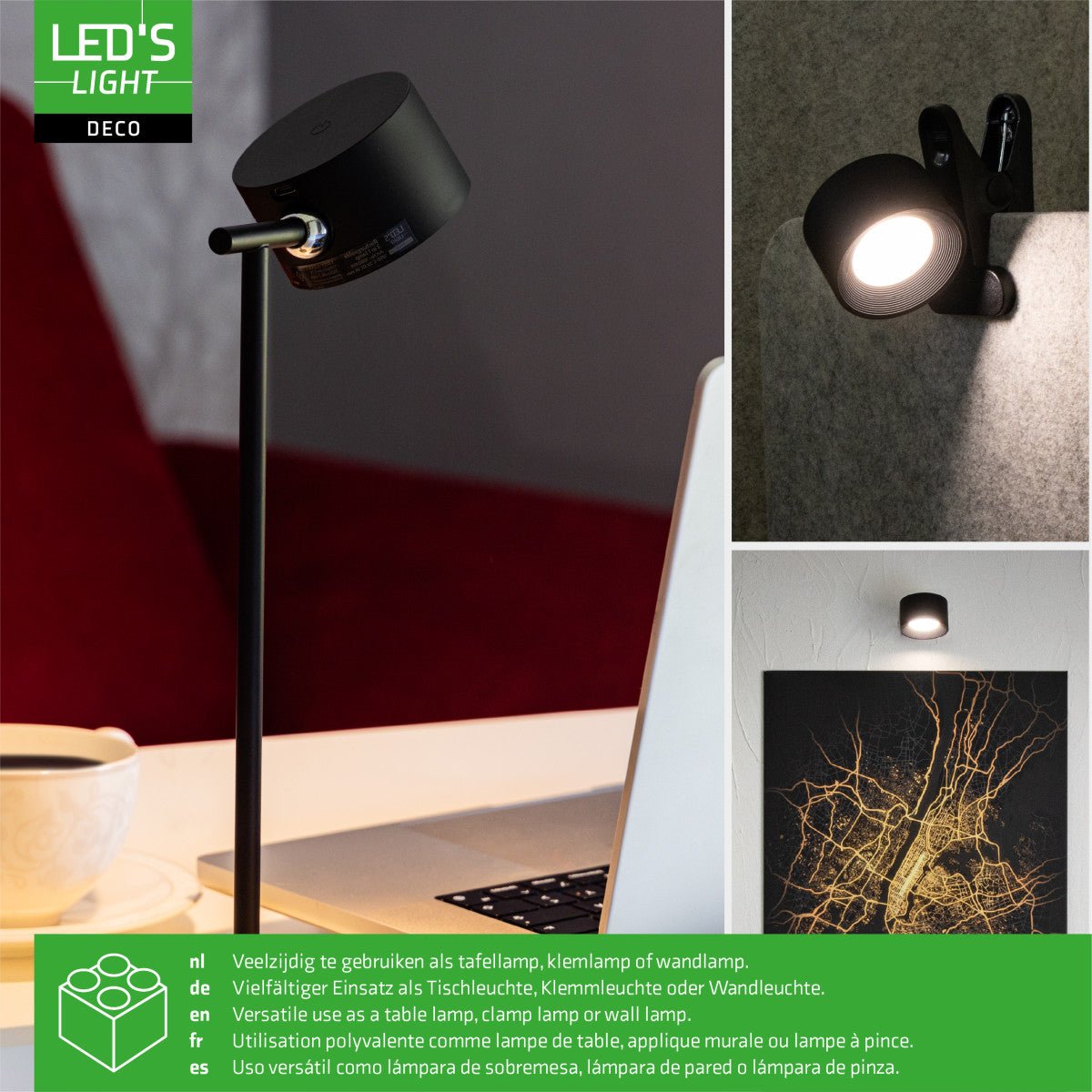 LED's Light 3-in-1 Draadloos Oplaadbaar Spotje - Tafellamp, Klemlamp & Wandlamp - Zwart Tafellampen Led.nl