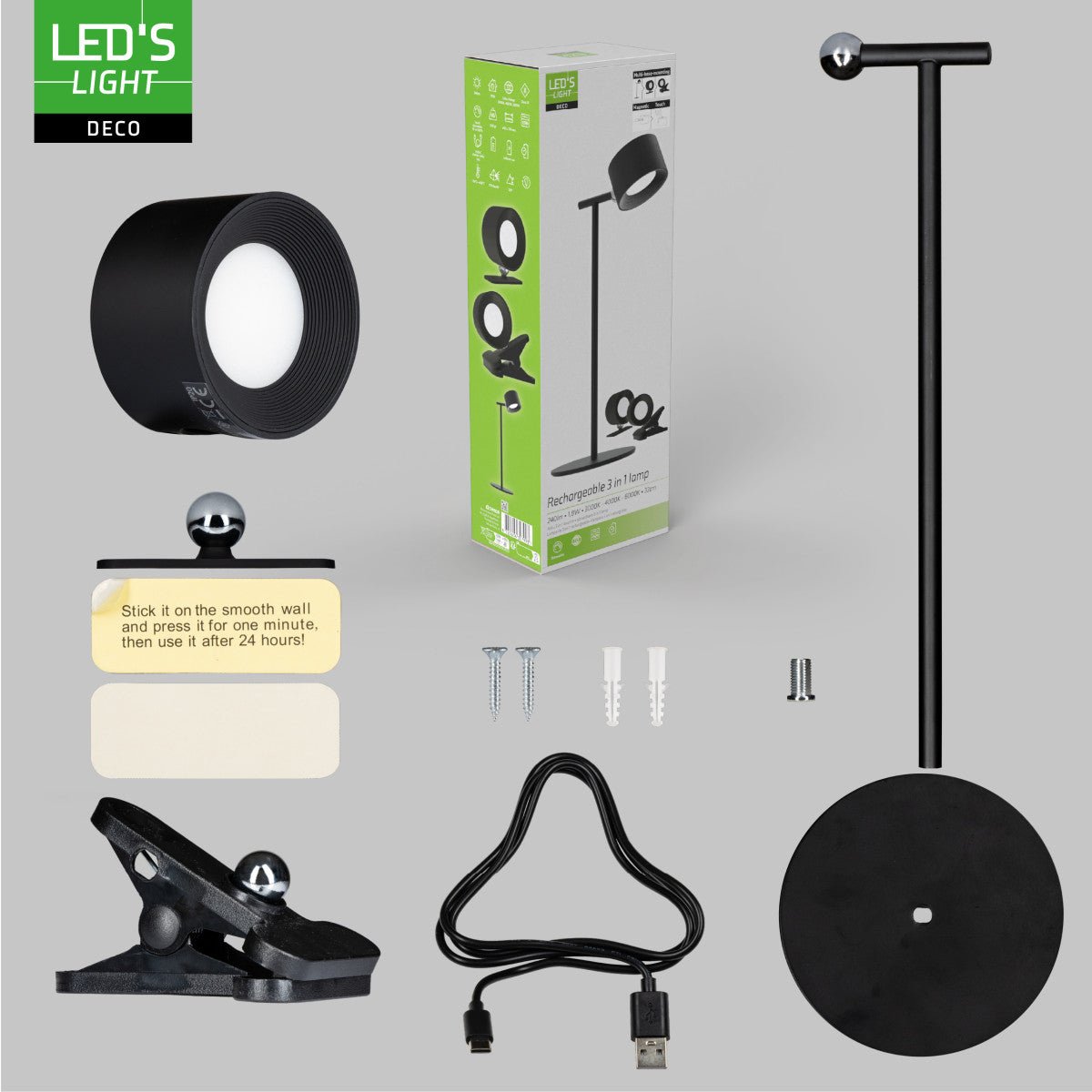 LED's Light 3-in-1 Draadloos Oplaadbaar Spotje - Tafellamp, Klemlamp & Wandlamp - Zwart Tafellampen Led.nl