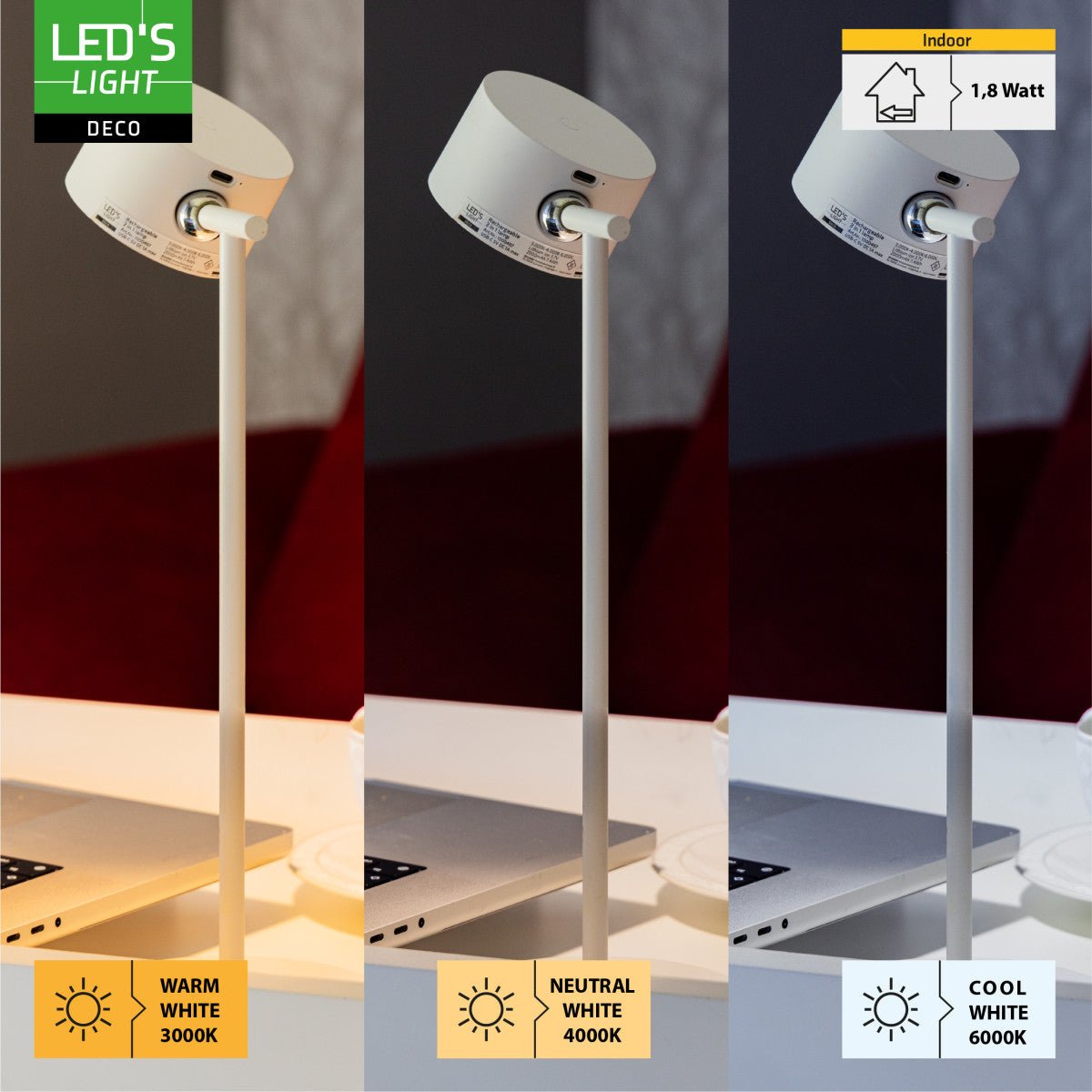 LED's Light 3-in-1 draadloze oplaadbare lamp met magnetische muurbeugel, voet en klem - Wit Tafellampen Led.nl