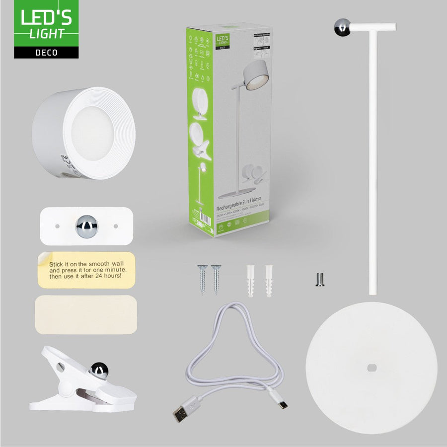 LED's Light 3-in-1 kabellose wiederaufladbare Lampe mit magnetischer Wandhalterung, Sockel und Klemme - Weiß - lidstore.shop