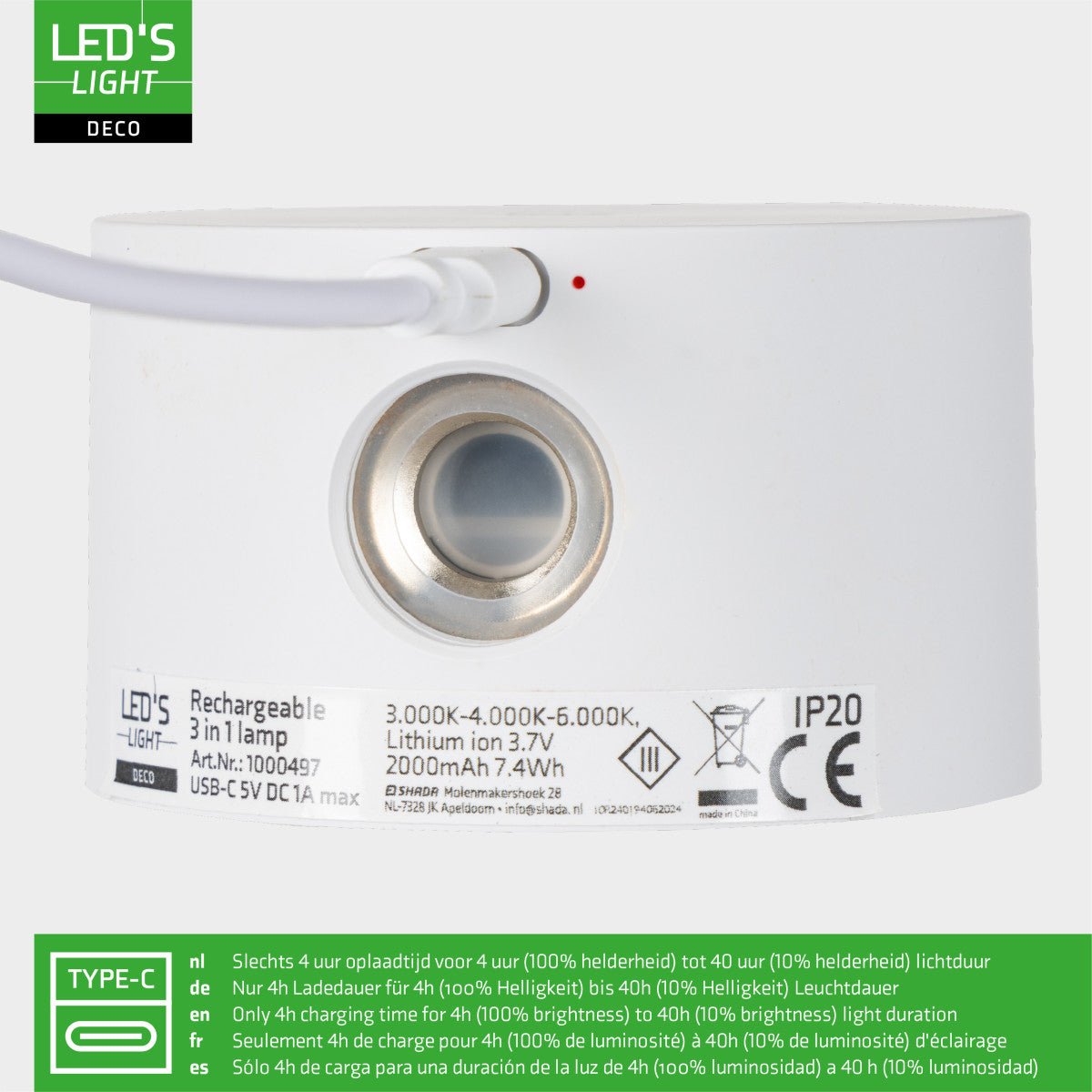 LED's Light 3-in-1 draadloze oplaadbare lamp met magnetische muurbeugel, voet en klem - Wit Tafellampen Led.nl