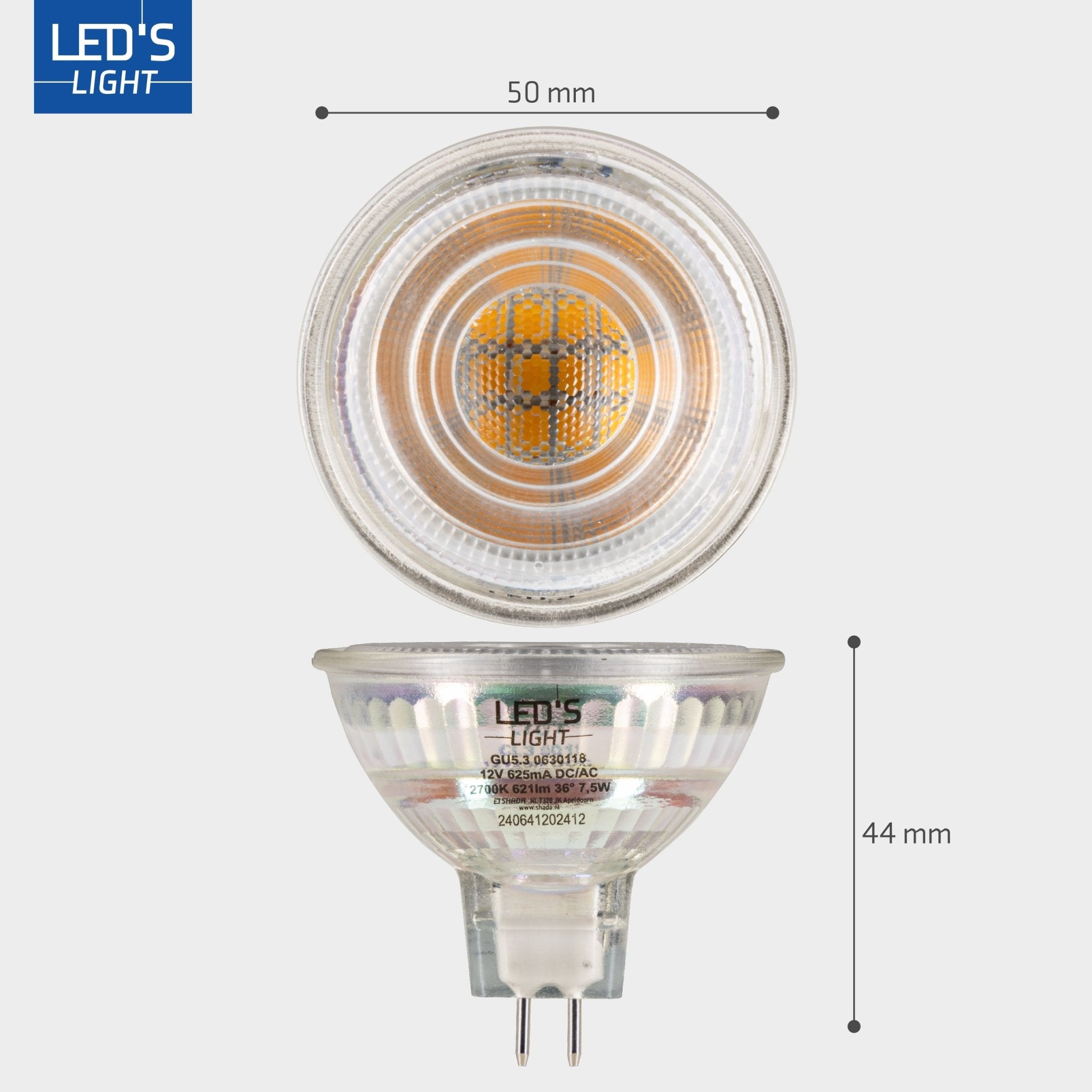 LED's Light LED lamp met GU5.3 fitting - Dimbaar warm wit - 7W vervangt 50W - MR16 Spotjes LED.nl