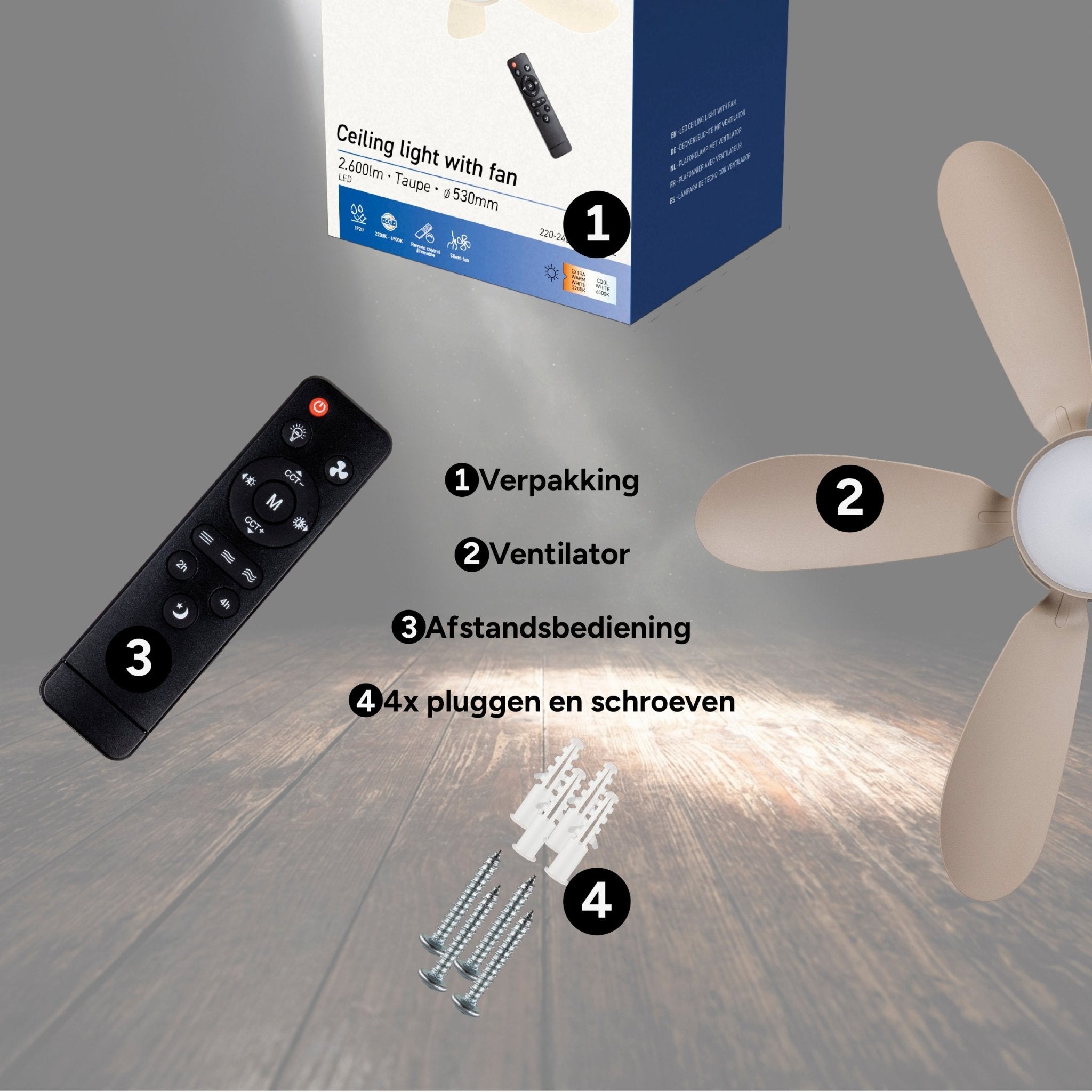 LED's Light Plafondventilator met lamp Taupe 25W 2600lm 2200K/6500K - 53cm Plafondventilatoren LED.nl