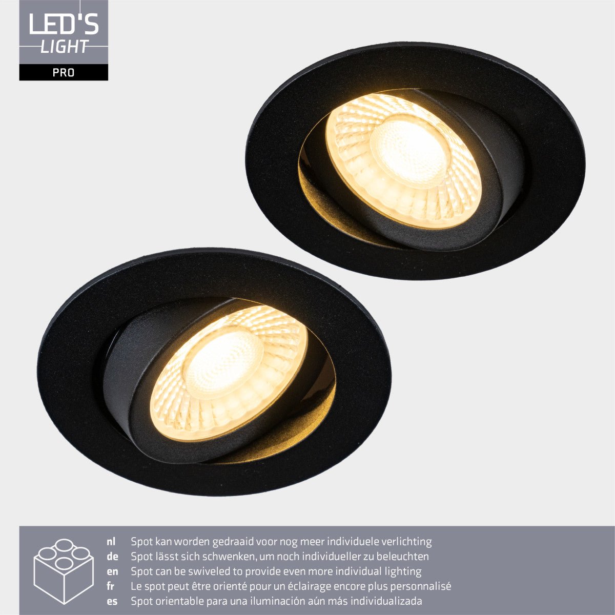 LED's Light PRO - 3 PACK - downlight inbouwspot Ø 68mm - Kantelbaar - Spatwaterdicht - Dim to Warm - Zwart LED.nl