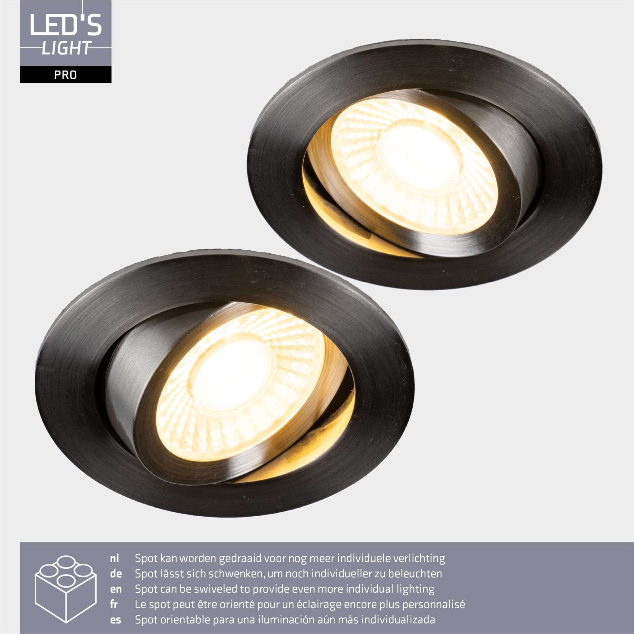 3 PACK - LED's Light PRO downlight inbouwspot Ø 68mm - Kantelbaar - Spatwaterdicht - Dim to Warm - RVS Inbouwspots LED.nl