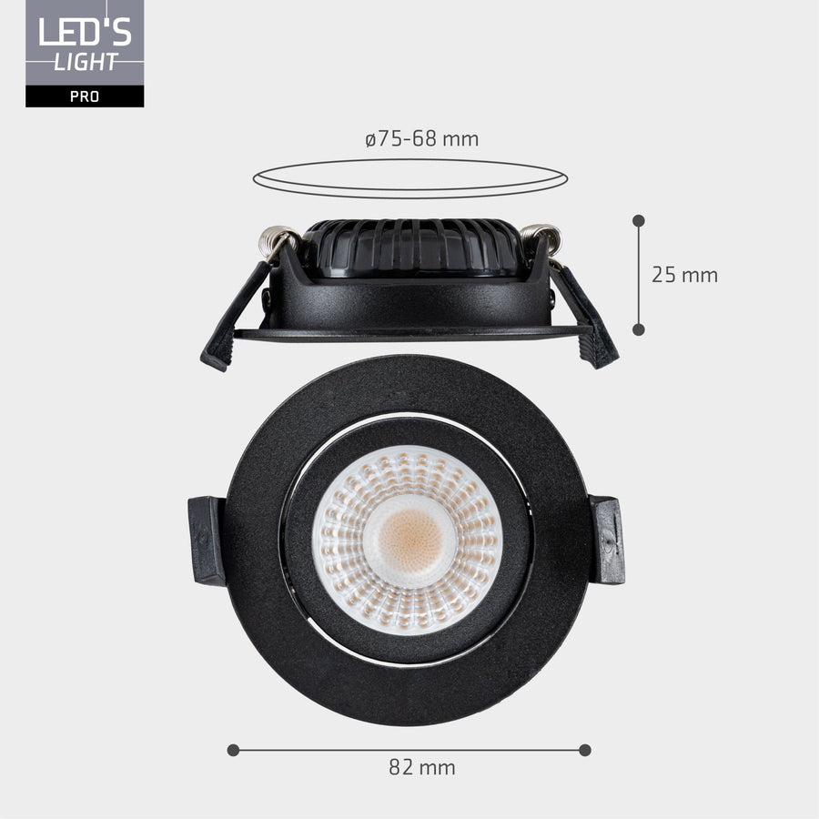 LED's Light PRO downlight inbouwspot Ø 68mm - Kantelbaar - Spatwaterdicht - Dim to Warm - Zwart Inbouwspots LED.nl