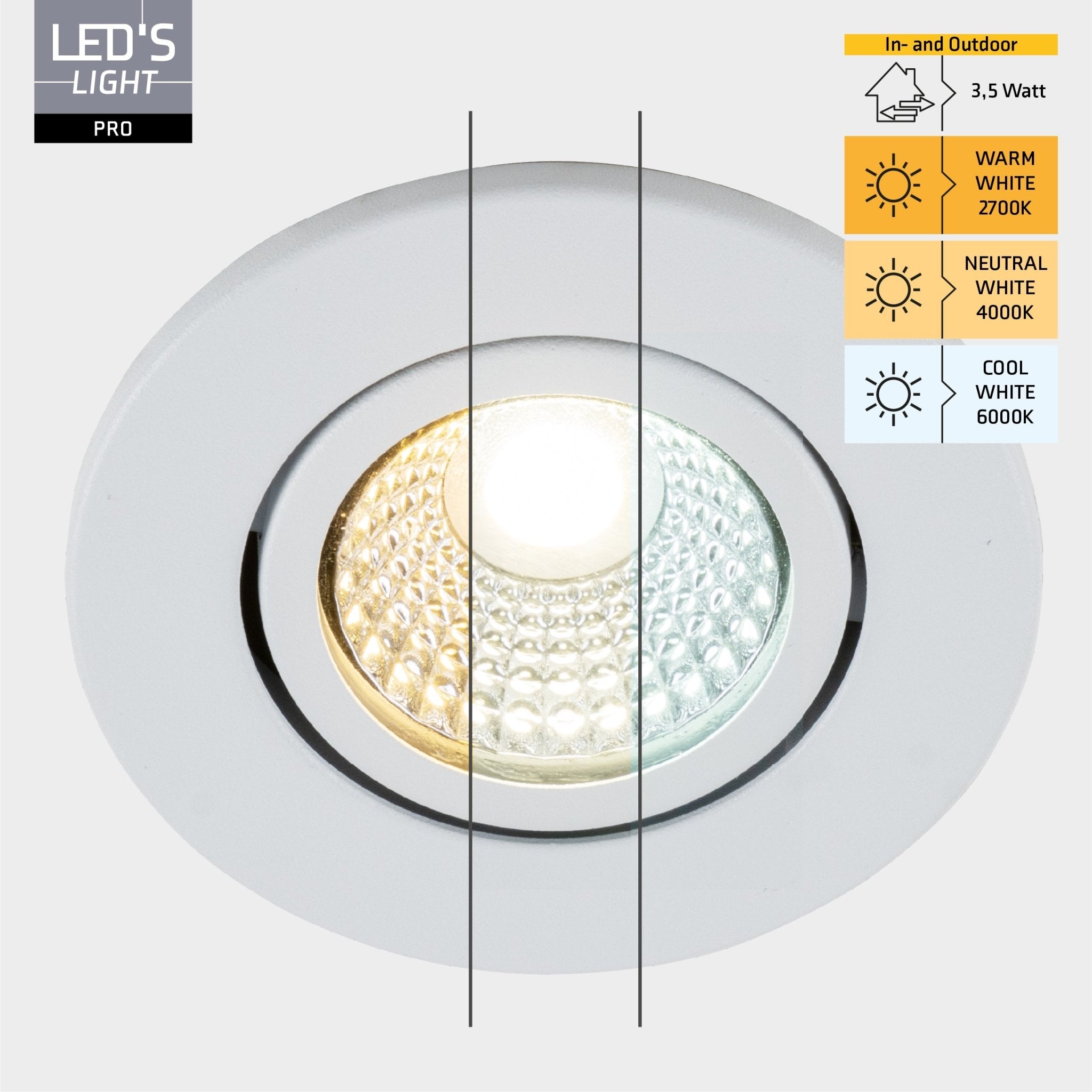 6 PACK - LED's Light PRO Inbouwspot 68 mm - Indoor & Outdoor - 3 lichtkleuren - Dimbaar licht - Wit Inbouwspots LED.nl