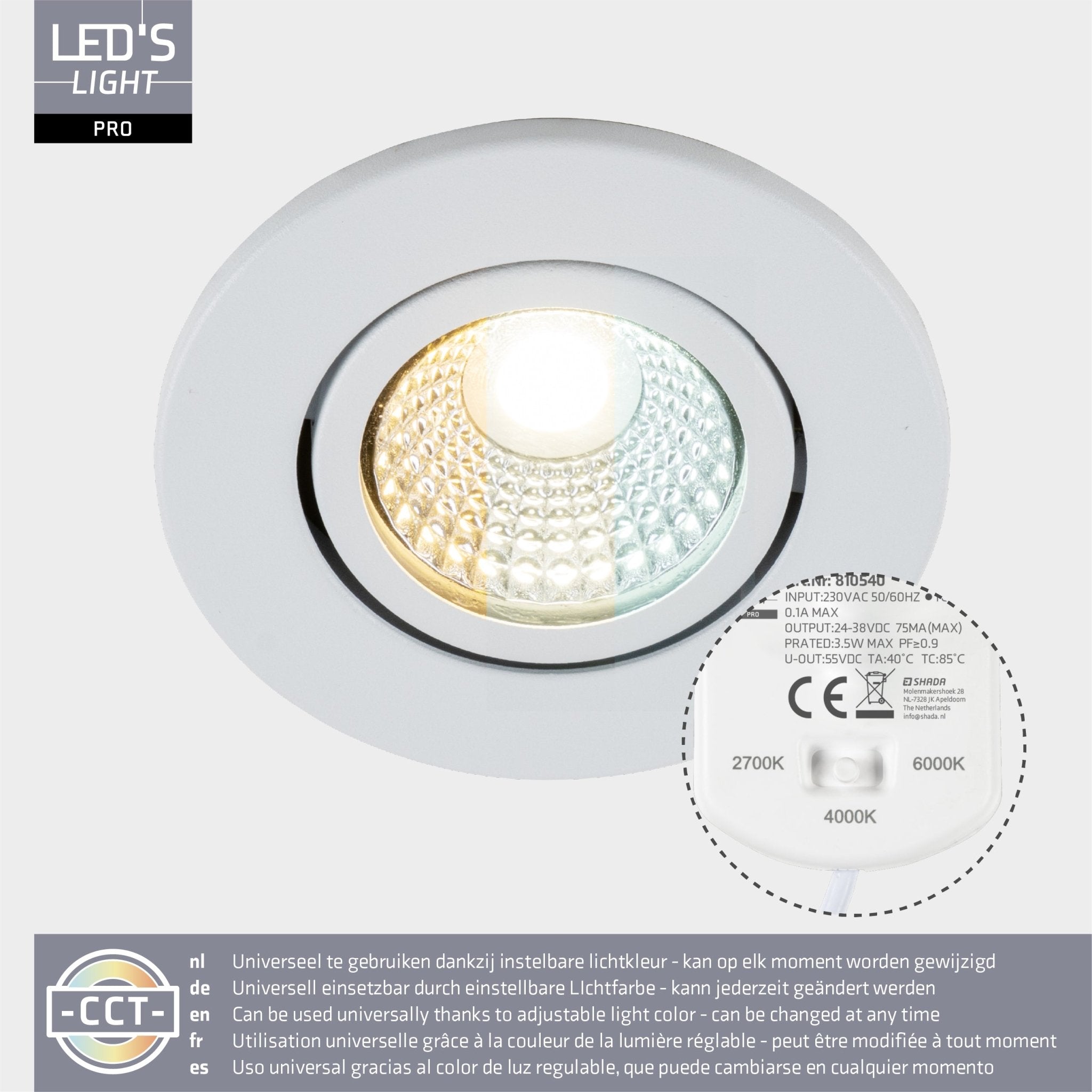 6 PACK - LED's Light PRO Inbouwspot 68 mm - Indoor & Outdoor - 3 lichtkleuren - Dimbaar licht - Wit Inbouwspots LED.nl