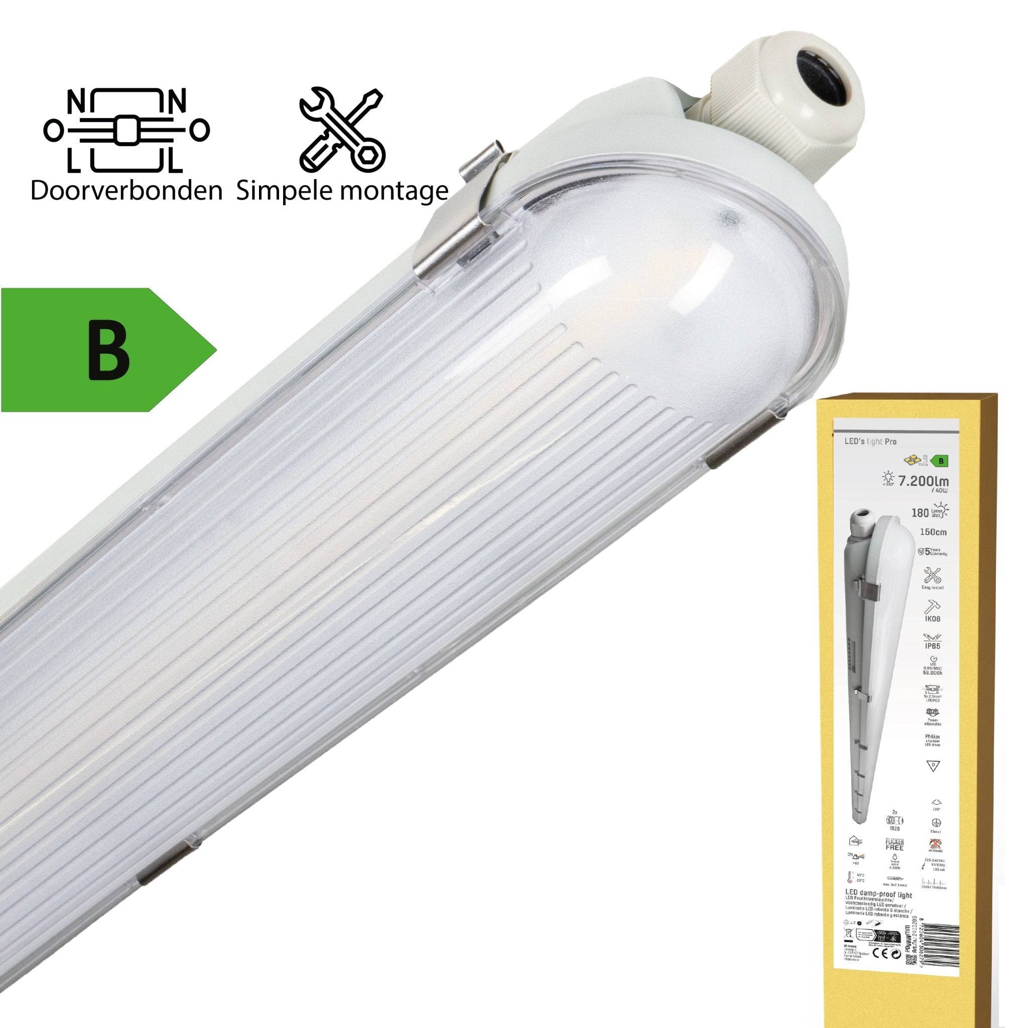 LED's Light Pro Philips Koppelbare TL armatuur 150 cm - 40W - Energielabel B - Dimbaar licht - 7200 lm - 180Lm/W - IP65 - 4000K - IK08 TL verlichting LED.nl