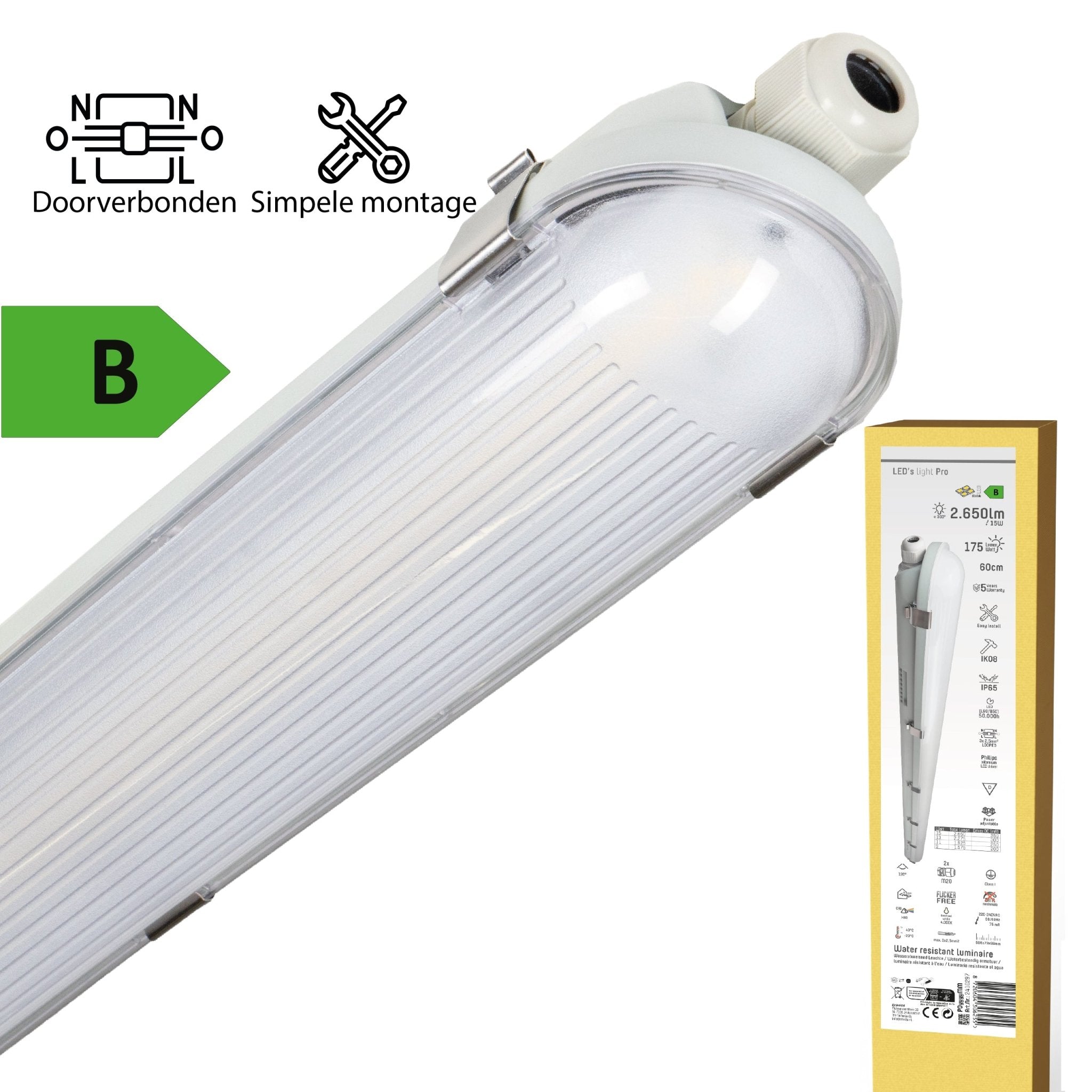 LED's Light Pro Philips TL Armatuur Strip 60 cm - Koppelbaar - Energielabel B - IP65 waterdicht - 2650 lm - 175lm/w TL verlichting LED.nl