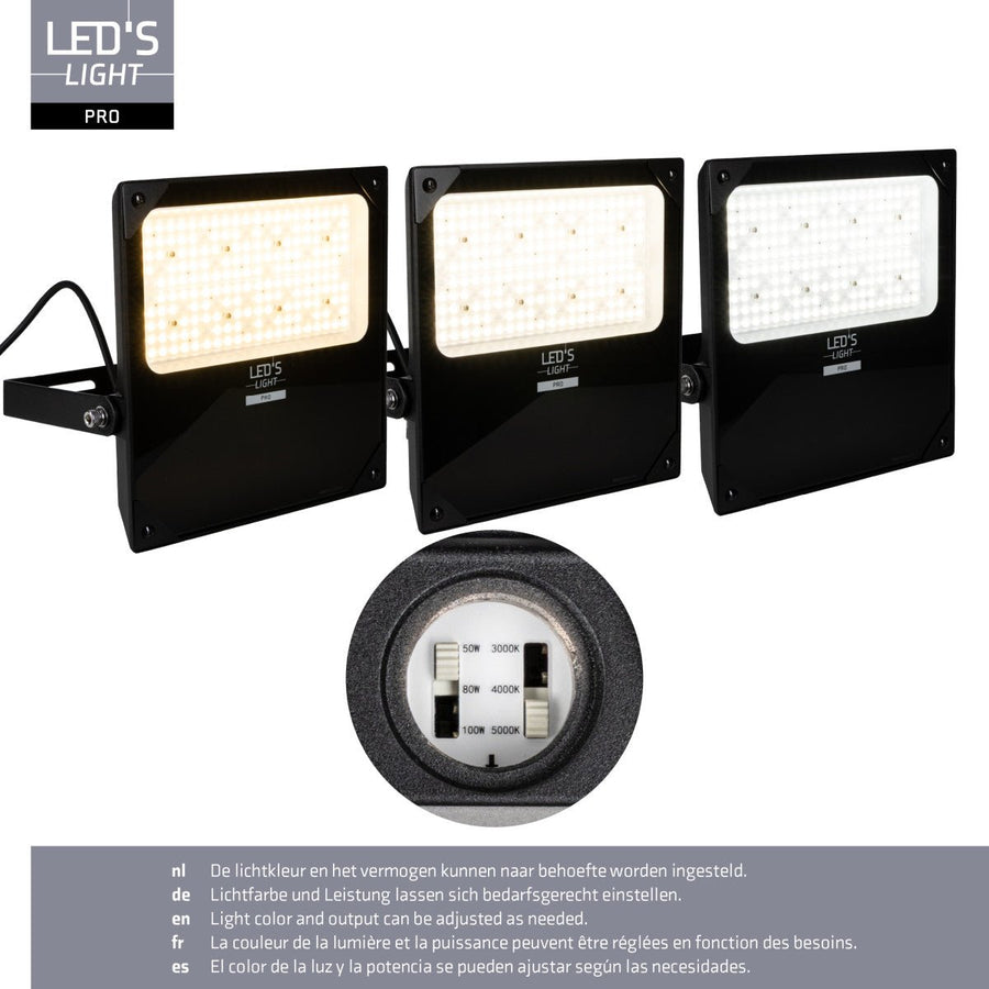 LED-Flutlicht Light Pro – Farbtemperatur – 100 W, 14.000 lm, 3000 K/4000 K/5000 K – Netzteil von Sosen – Schwarz – Schutzart IP66/IK08 – Einstellbare Leistung - lidstore.shop