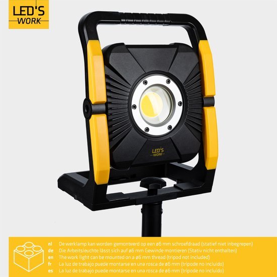 LED's Work 18V Acculamp Werklamp - Incl Adapters - LED Werklamp 5000lm – Klasse 3 • IP54 • IK08 • Dimbaar • Compatibel met Makita, Bosch, DeWalt & Metabo Bouwlampen LED.nl