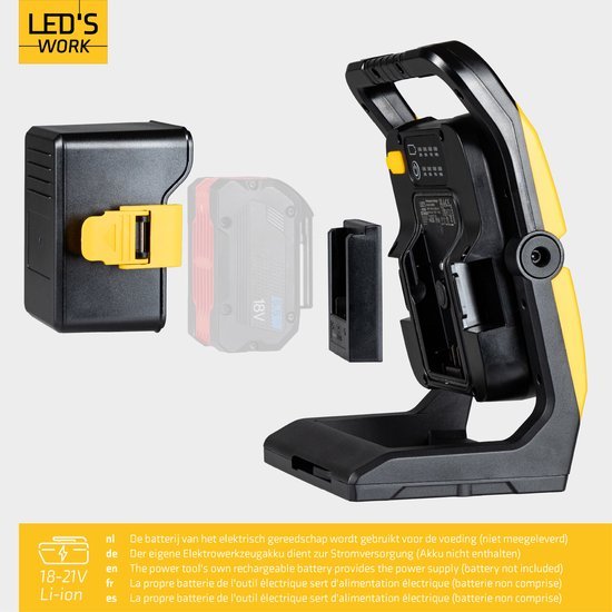LED's Work 18V Acculamp Werklamp - Incl Adapters - LED Werklamp 5000lm – Klasse 3 • IP54 • IK08 • Dimbaar • Compatibel met Makita, Bosch, DeWalt & Metabo Bouwlampen LED.nl