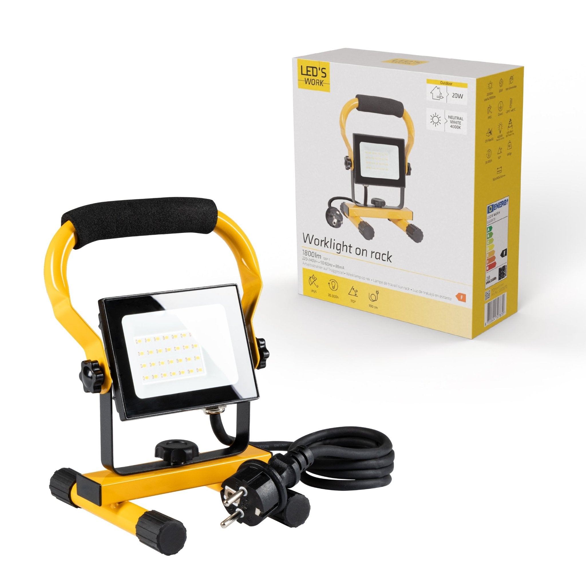 LED's Work Bouwlamp Werklamp 2000 - Verstelbare beugel - Waterdicht (IP65) - Zwart geel - Bedraad Werklampen LED.nl